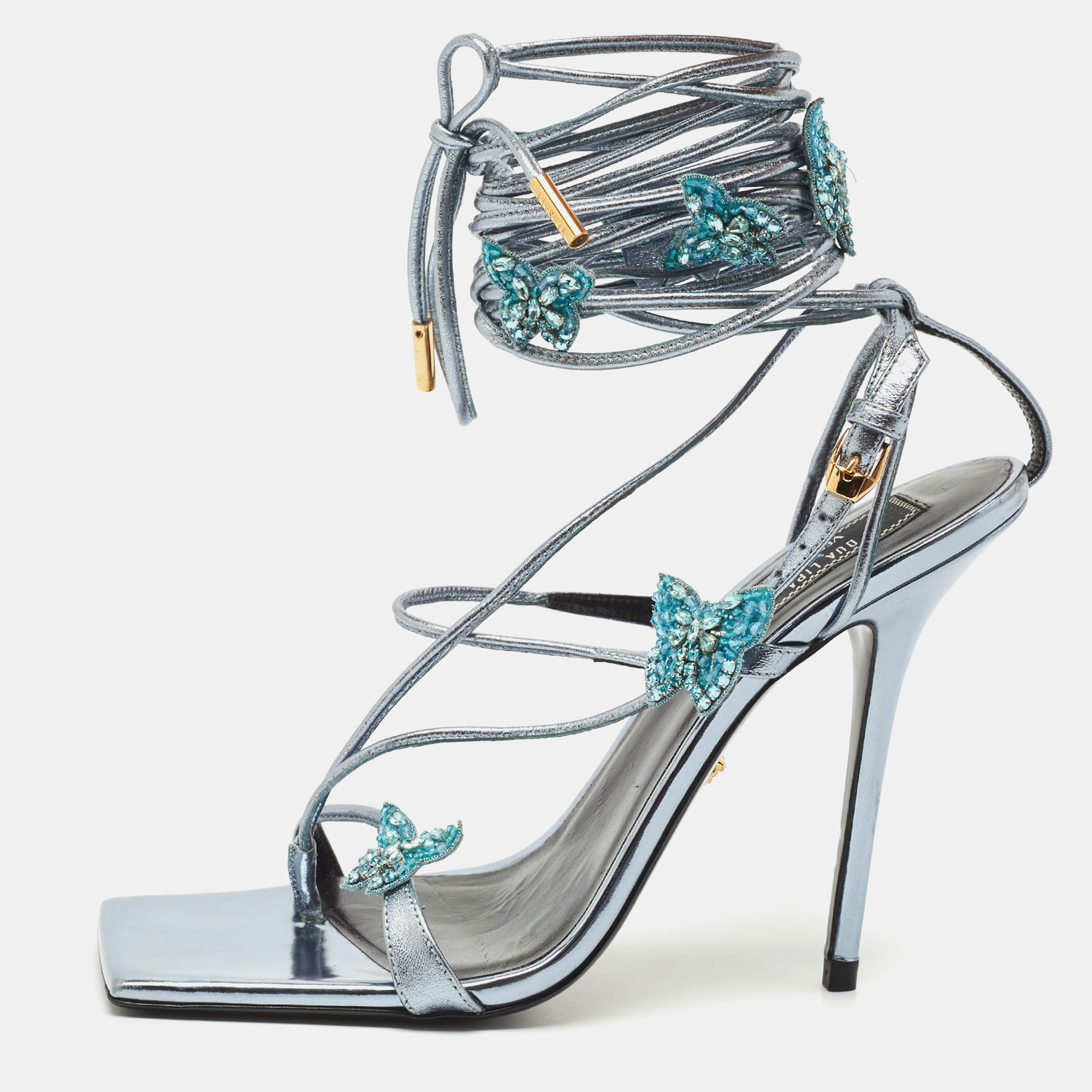 Versace x Dua Lipa Metallic Blue Leather Butterfly Wrap Around Sandals Size
Versace x Dua Lipa Metallic Blue Leather Butterfly Wrap Around Sandals Size