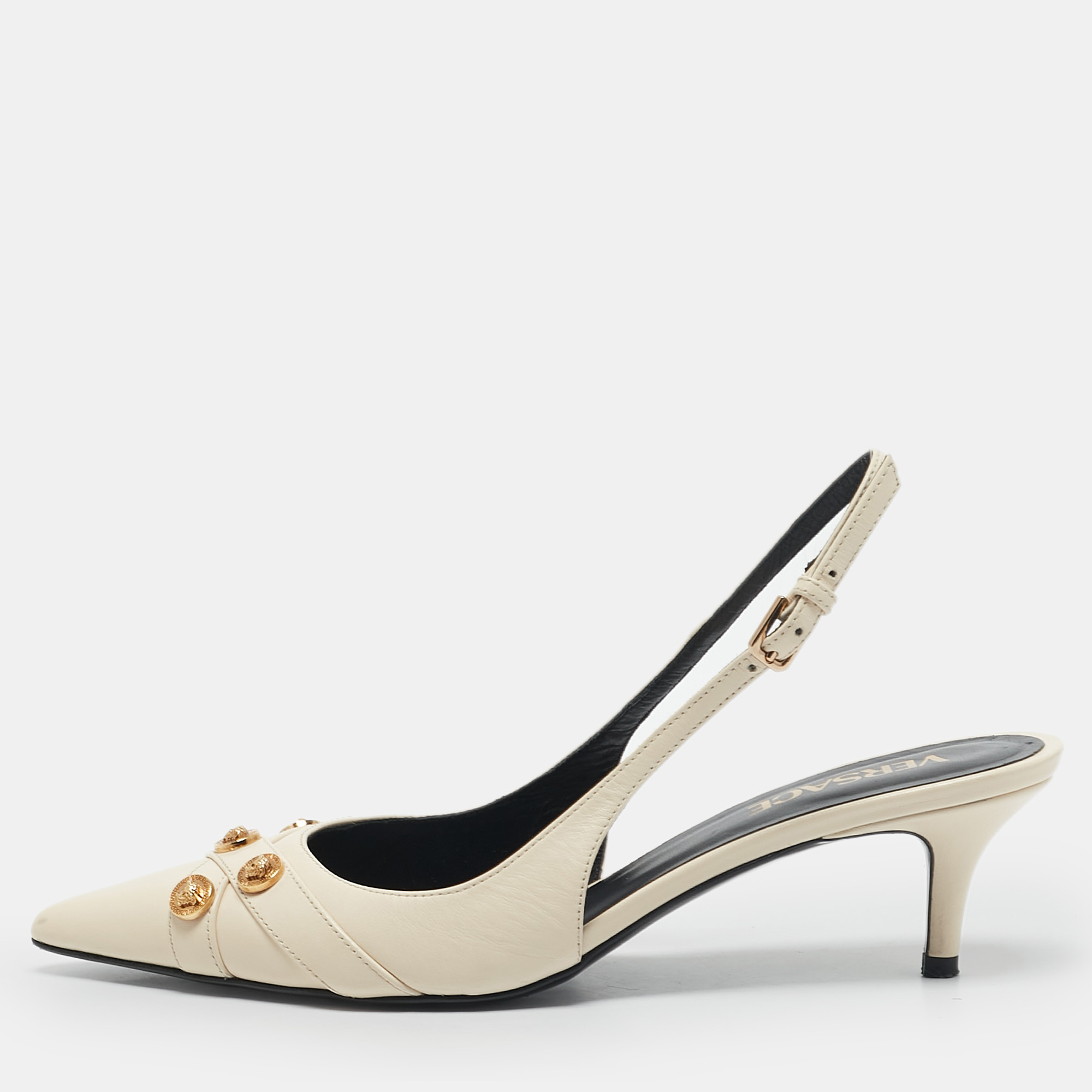 Versace Off White Leather Medusa Logo Pointed Toe Slingback Pumps Size
Versace Off White Leather Medusa Logo Pointed Toe Slingback Pumps Size