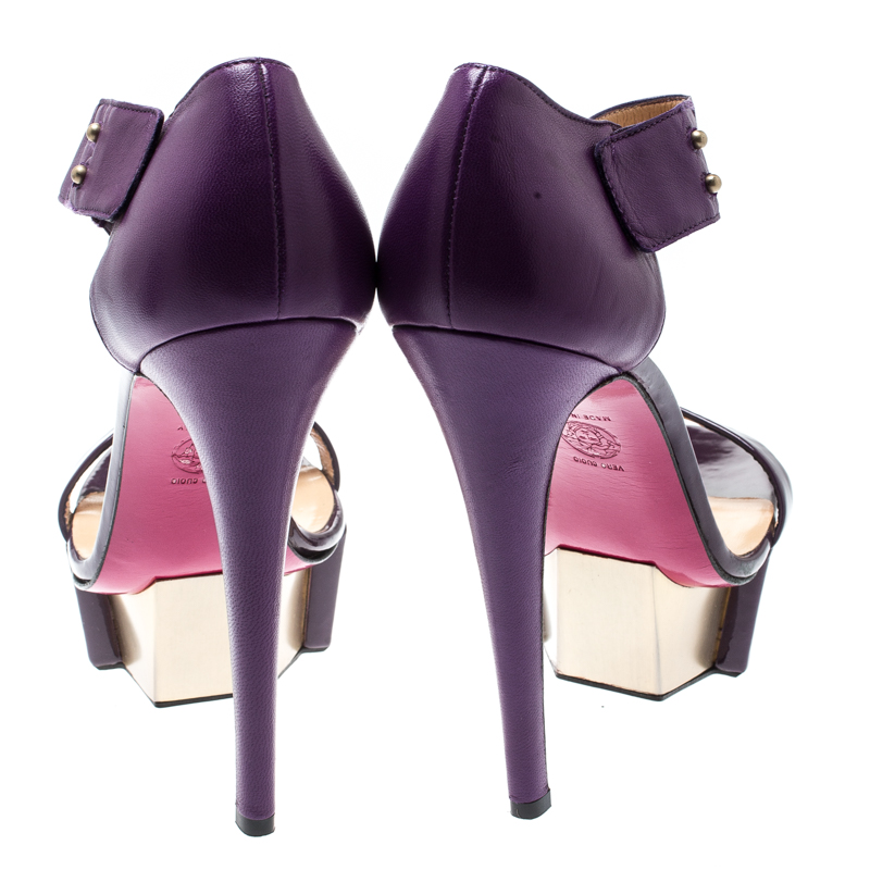 Versace Purple Patent Leather And Leather Ankle Strap Platform Sandals Size 40