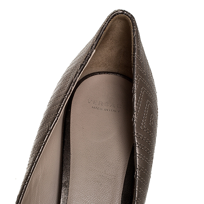 Versace Metallic Grey Embroidered Leather Peep Toe Platform Pumps Size 38