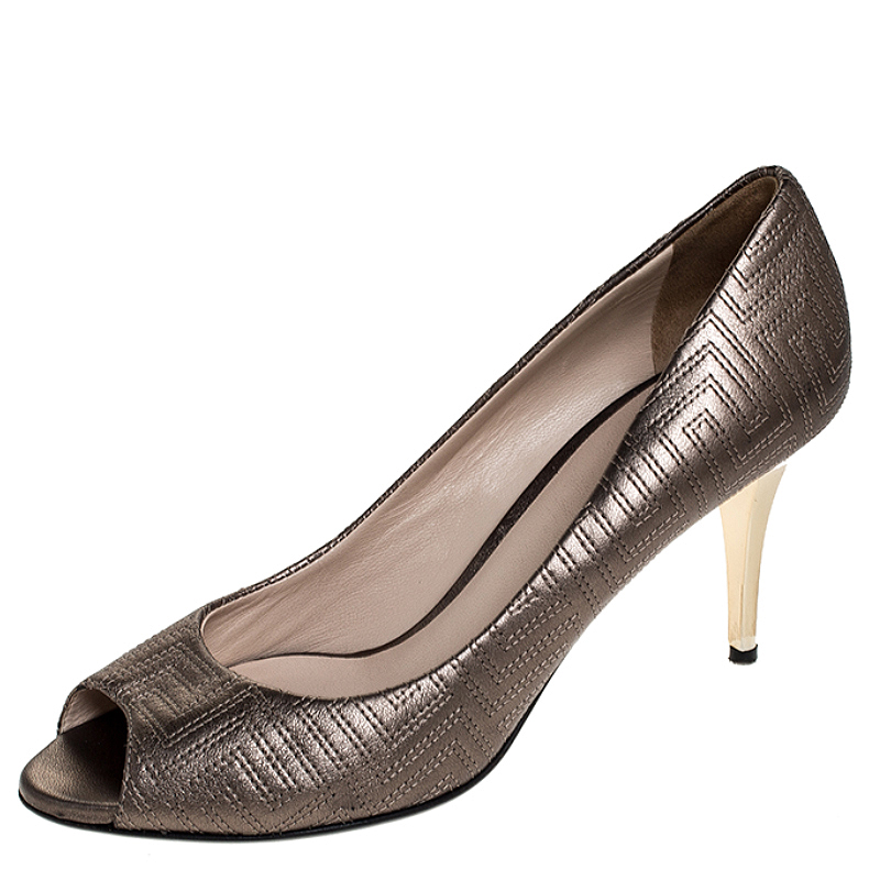 Versace metallic grey embroidered leather peep toe platform pumps size 38