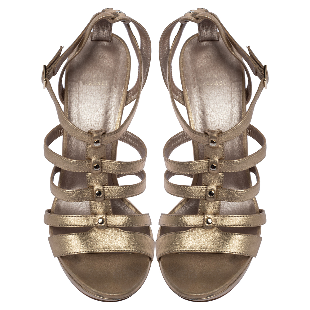 Versace Gold Leather Caged Platform Sandals Size 36