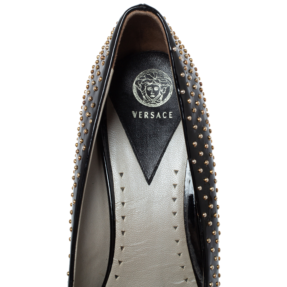 Versace Black Patent Studded Peep Toe Pumps Size 37