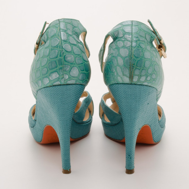 Versace Teal Raffia Croc Stamped Wedge Sandals Size 39.5