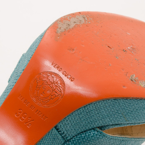 Versace Teal Raffia Croc Stamped Wedge Sandals Size 39.5