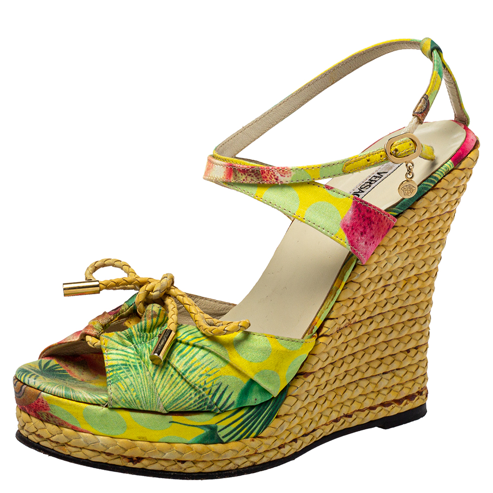 Versace Multicolor Printed Satin Espadrille Wedge Sandals Size 37