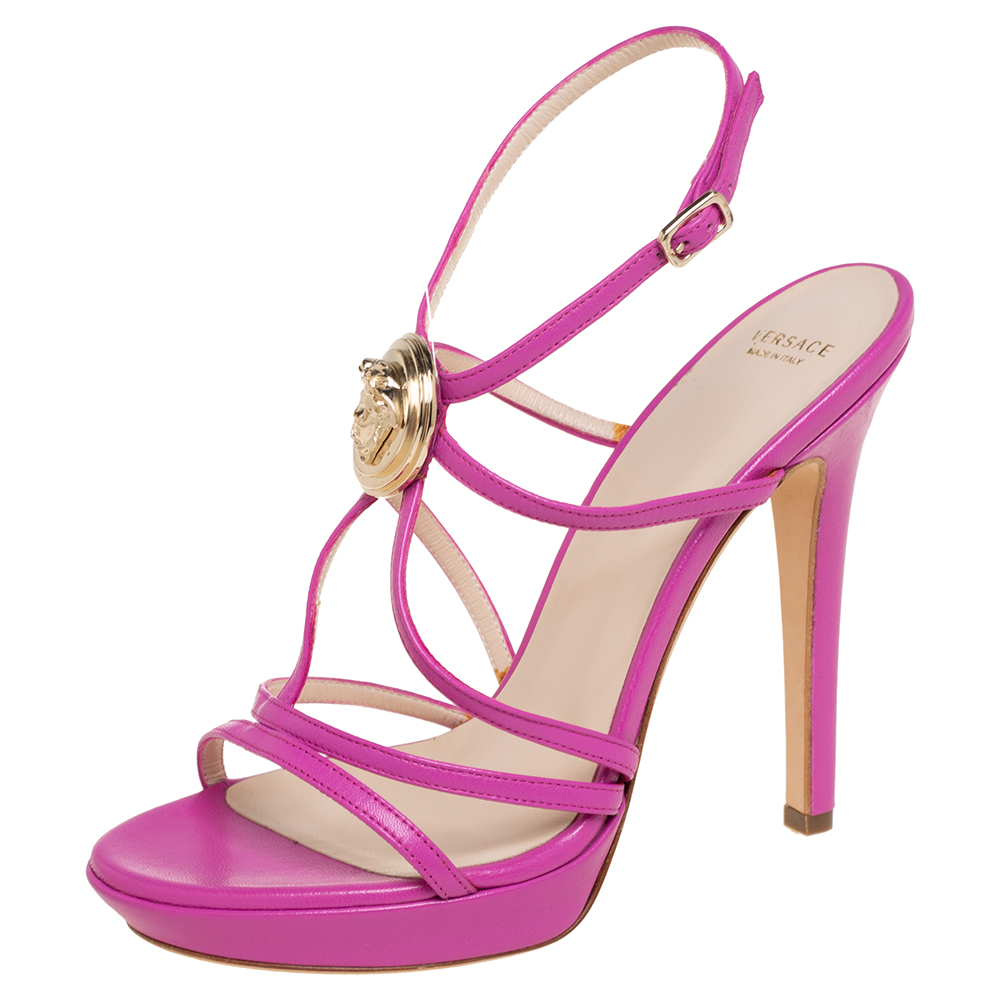 Versace Pink Leather Medusa Strappy Open Toe Sandals Size 37