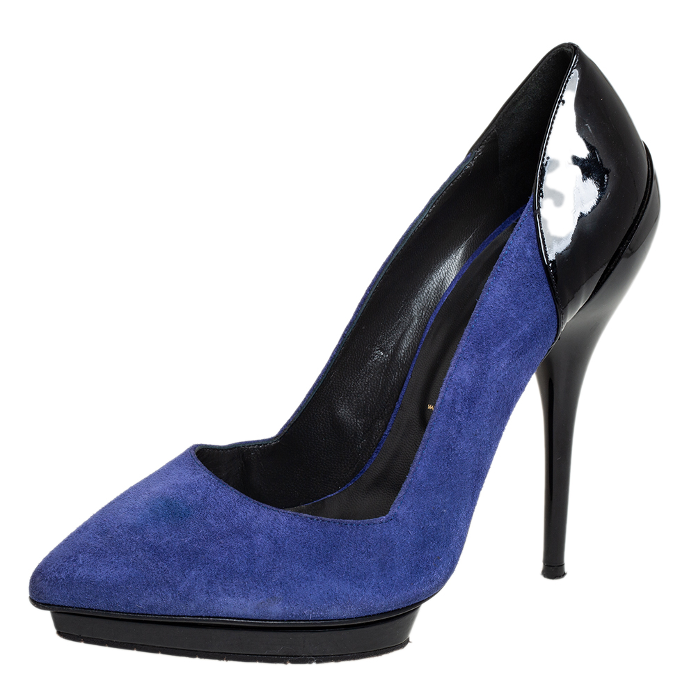 Versace Blue Suede And Black Patent Leather Pointed Toe Pumps Size 38