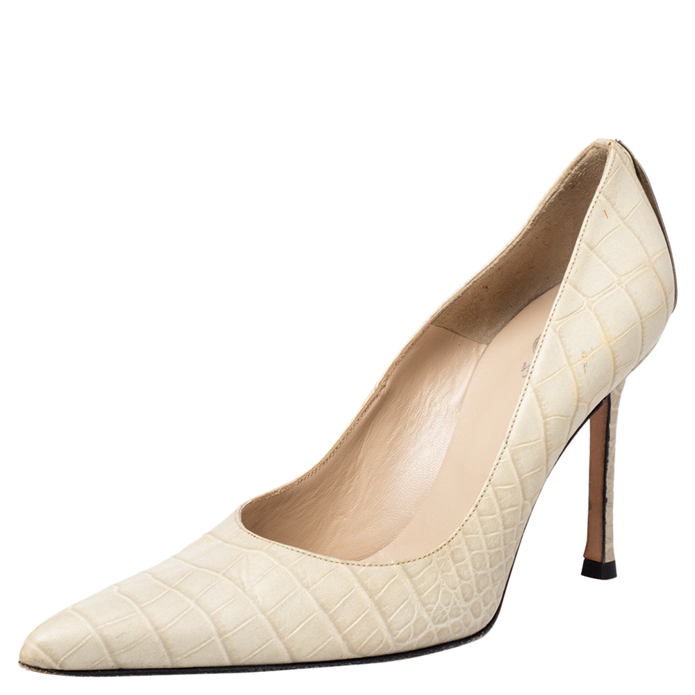 Versace beige croc embossed leather pointed toe pumps size 36