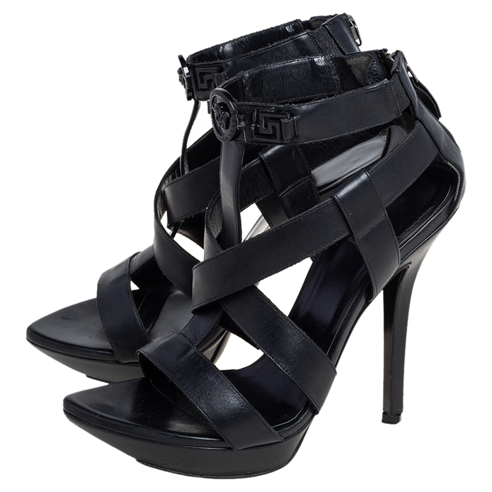 Versace Black Leather T Strappy  Platform Sandals Size 37.5