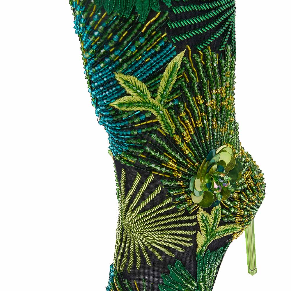 Versace Black Mesh And Green Embroidered Bead Jungle Print Over The Knee Boots Size 36