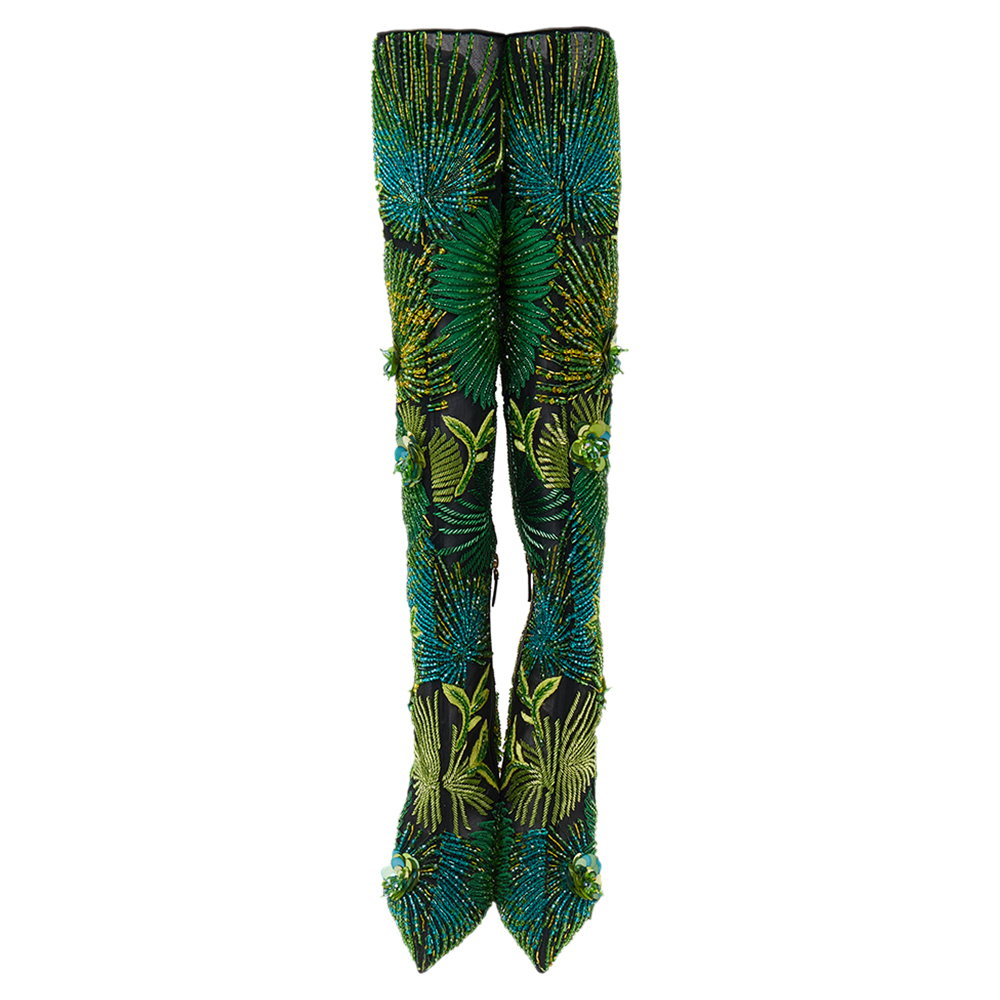 Versace Black Mesh And Green Embroidered Bead Jungle Print Over The Knee Boots Size 36