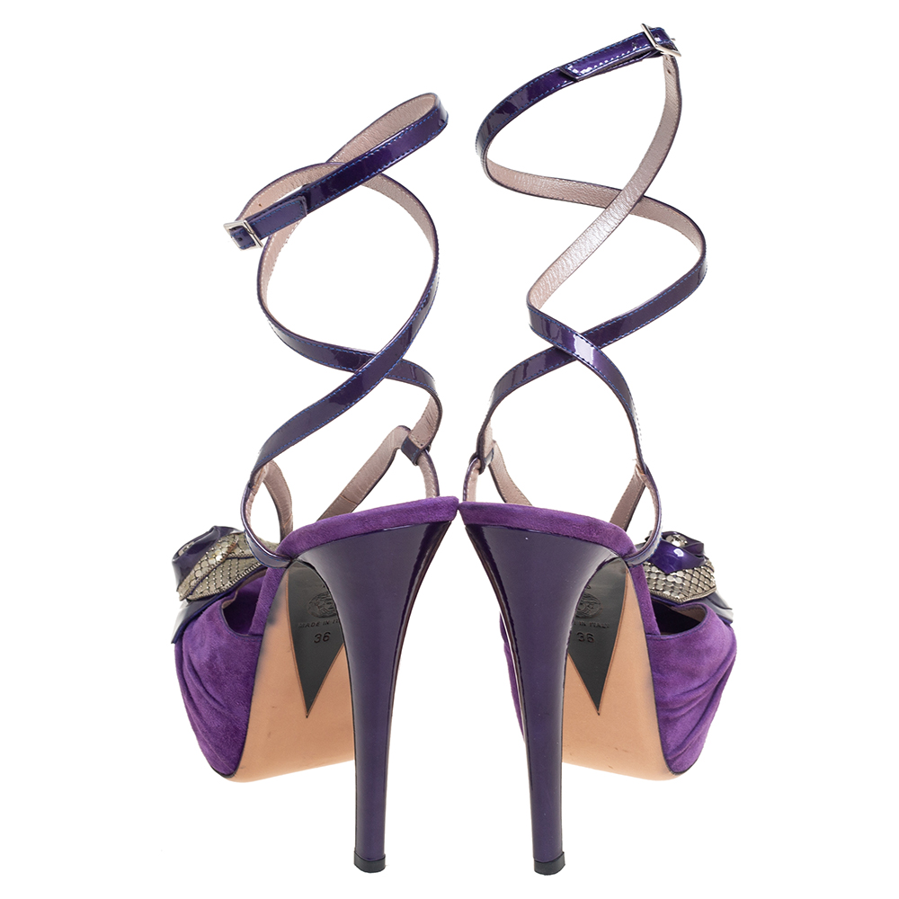 Versace Purple Suede And Patent Leather Platform  Ankle Strap Sandals Size 36