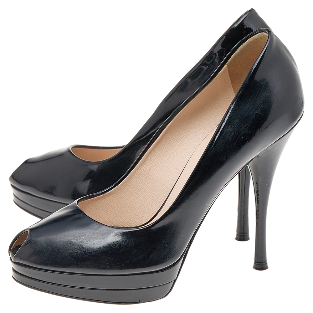 Versace Black Patent Leather Peep Toe Platform Pumps Size 38