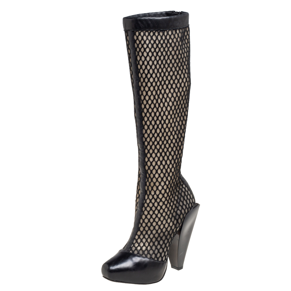 Versace Black Leather And Mesh Pointed Toe Knee Length Boots Size 36