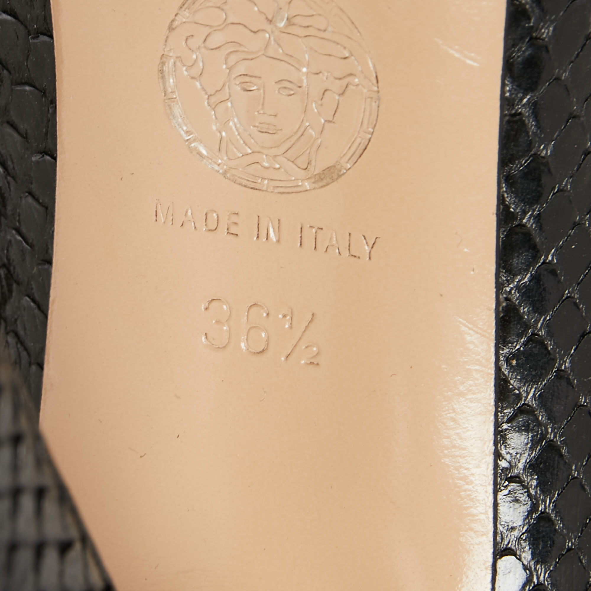 Versace Black Snakeskin Embossed Leather Open Toe Pumps Sze 36.5
