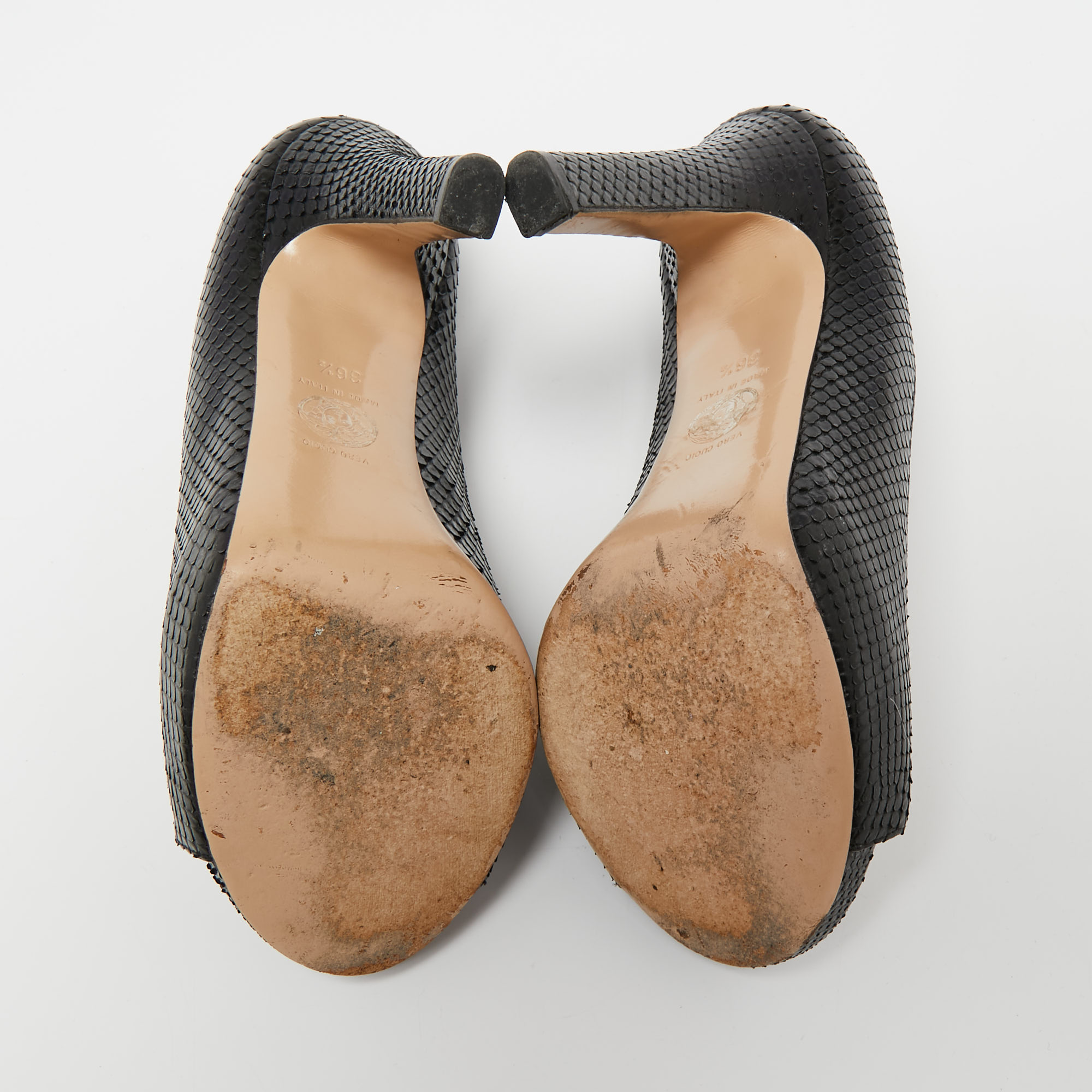 Versace Black Snakeskin Embossed Leather Open Toe Pumps Sze 36.5