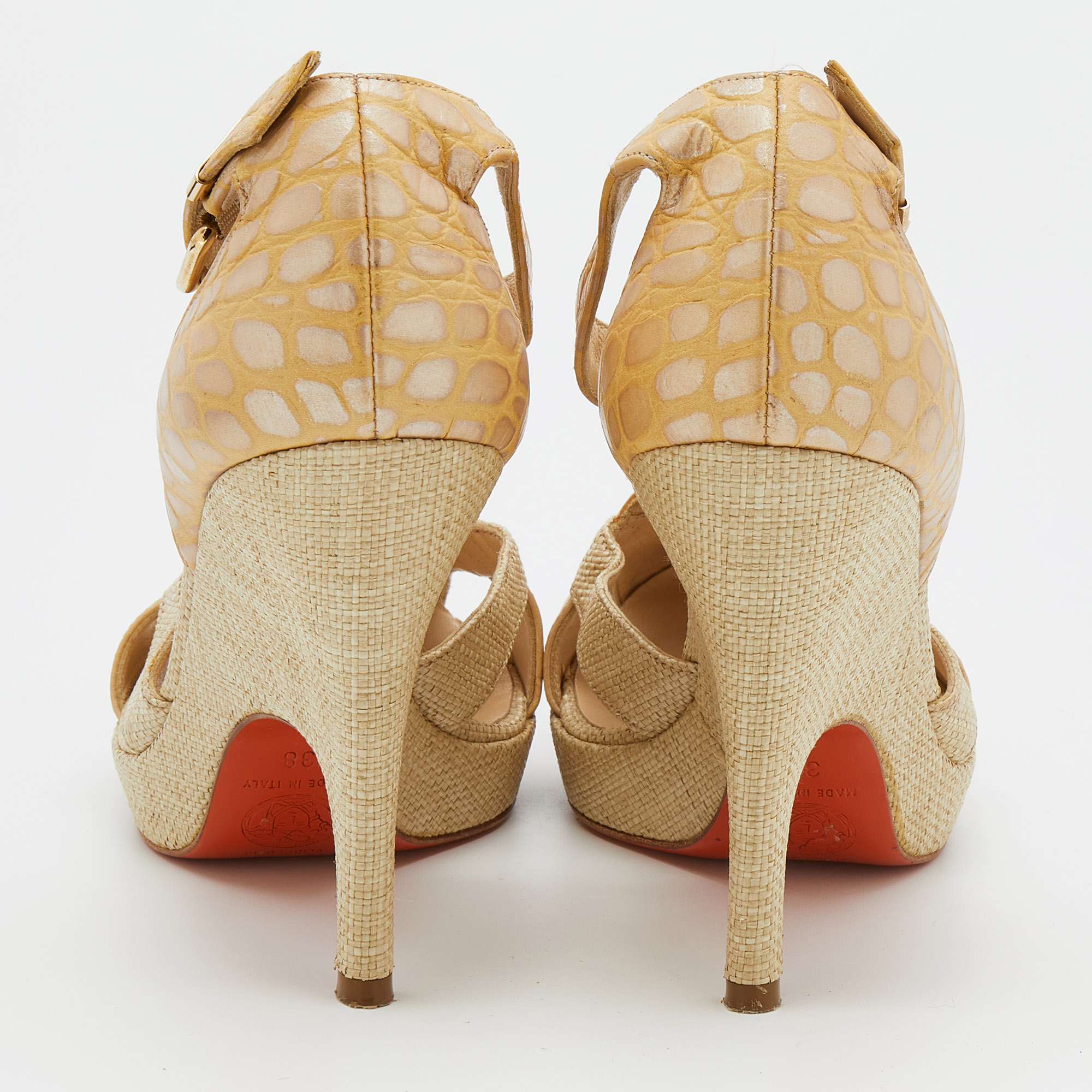 Versace Beige Croc Embossed Leather And Raffia Ankle Strap Platform Sandals Size 38