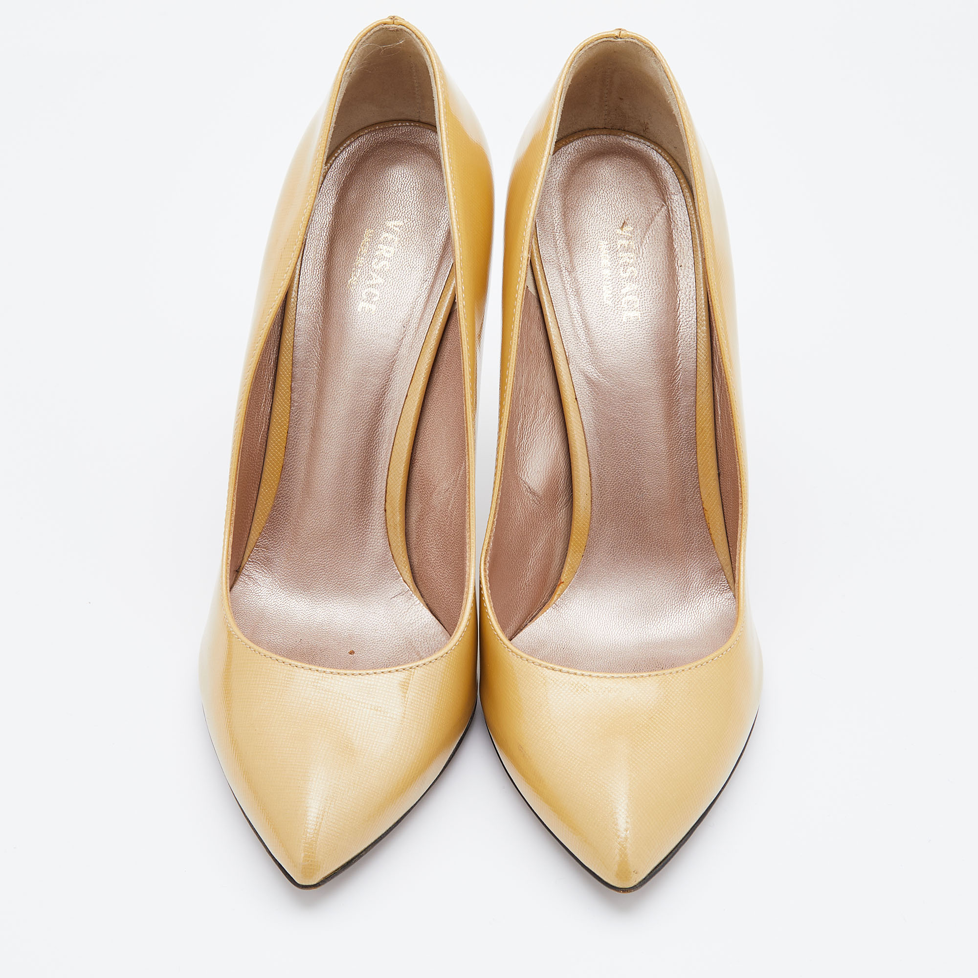 Versace Light Yellow Patent Leather Pointed Toe Pumps Size 38