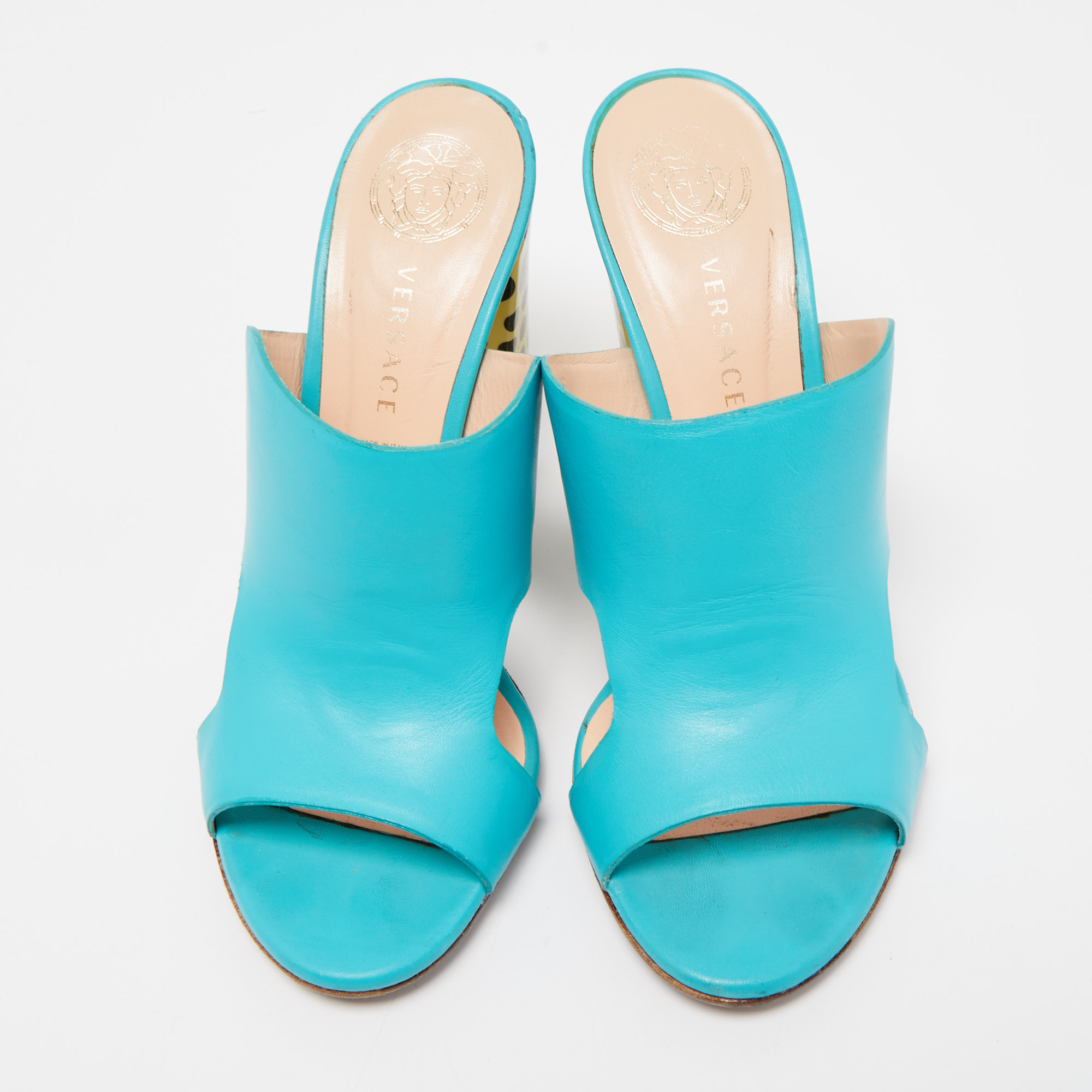 Versace Turquoise Leather Open Toe Slide Sandals Size 38