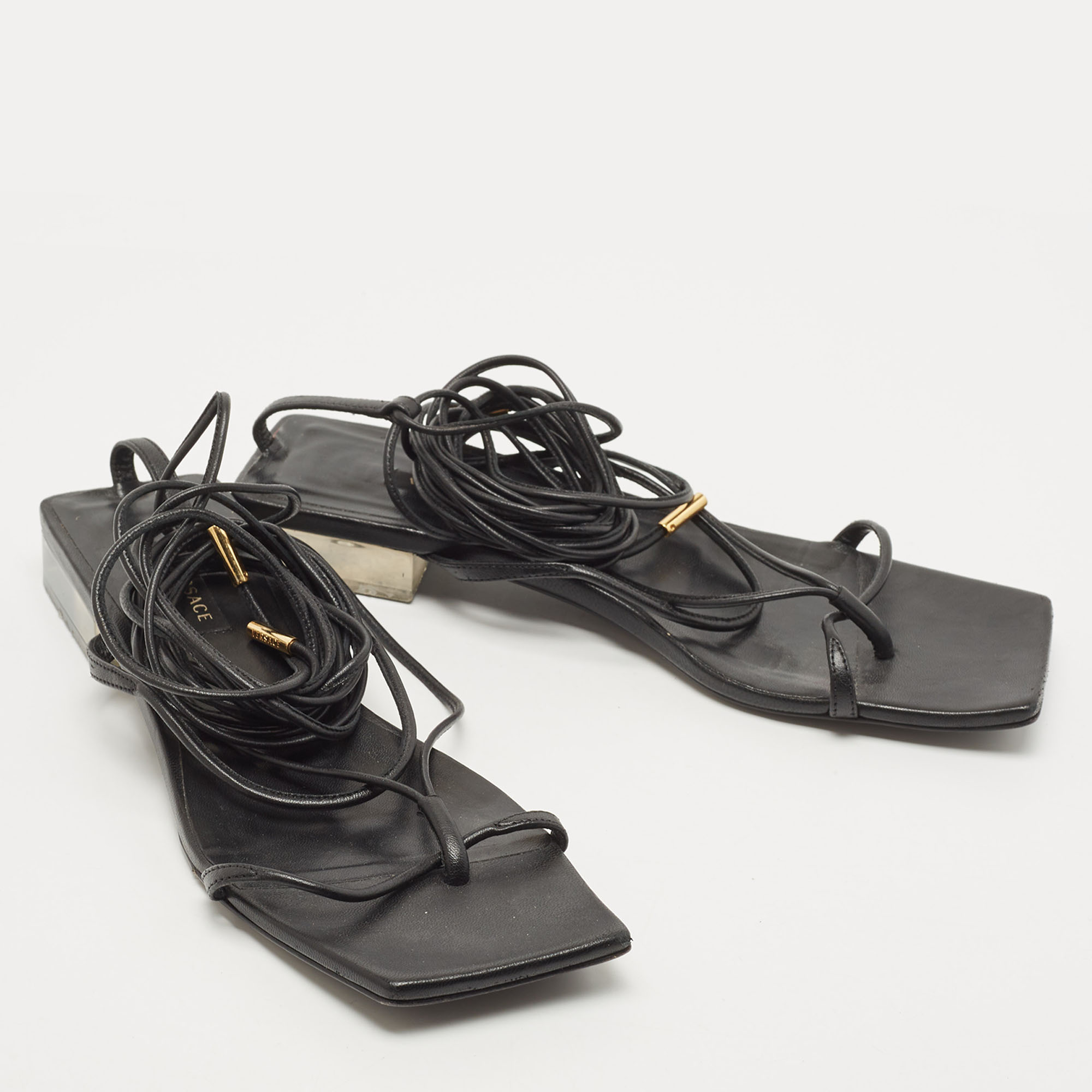 Versace Black Leather Lace Up Thong Sandals Size 38