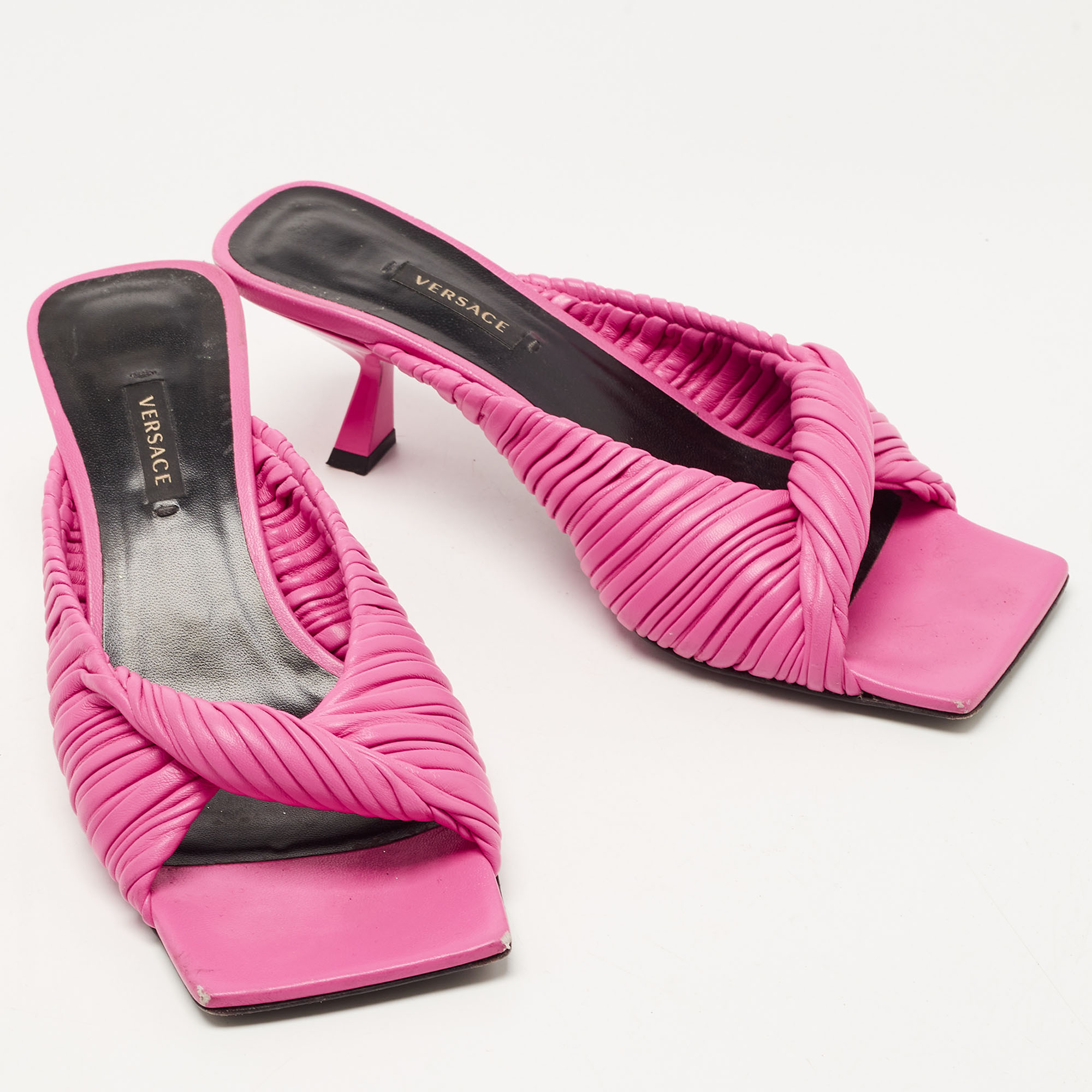 Versace Pink Pleated Leather Plisse Slide Sandals Size 38