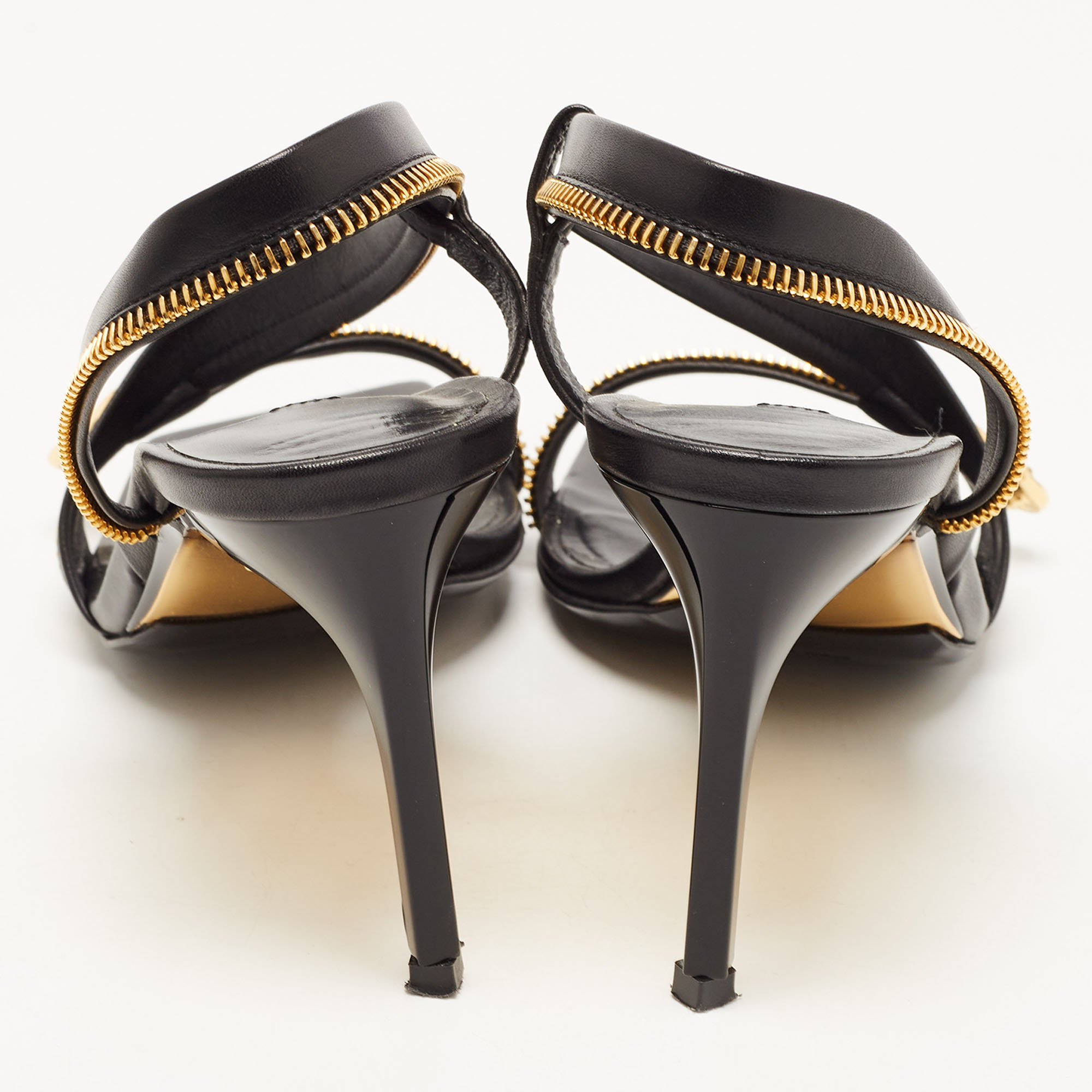 Versace Black Leather Safety Pin Zipper Slingback Sandals Size 35