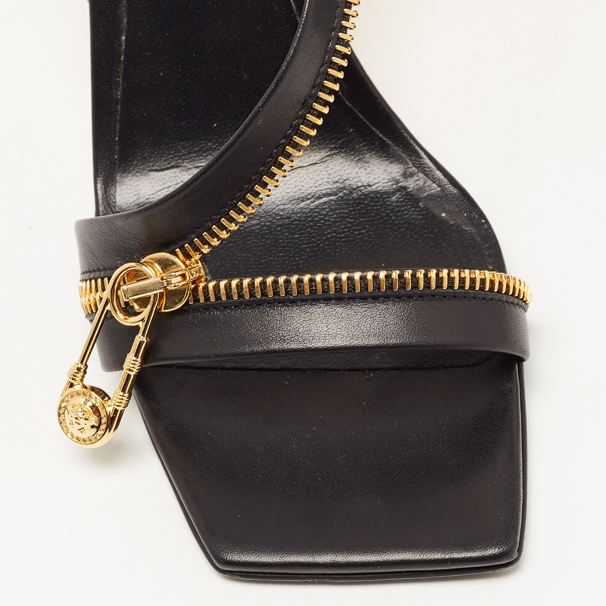 Versace Black Leather Safety Pin Zipper Slingback Sandals Size 35