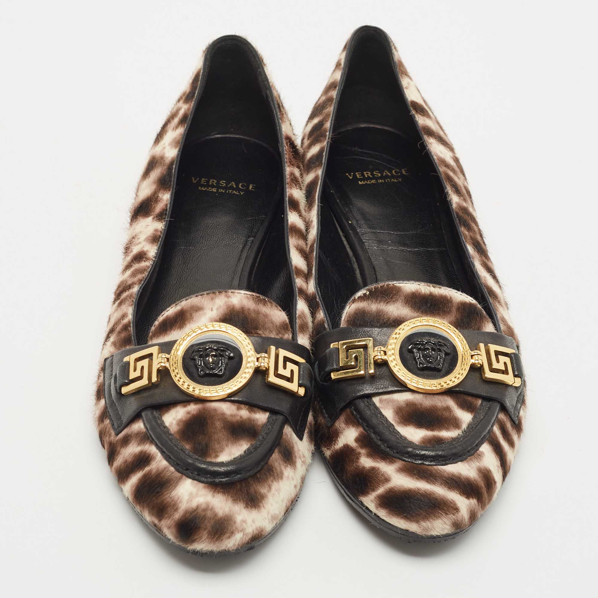 Versace Brown Leopard Print Calf Hair Medusa Ballet Flats Size 36