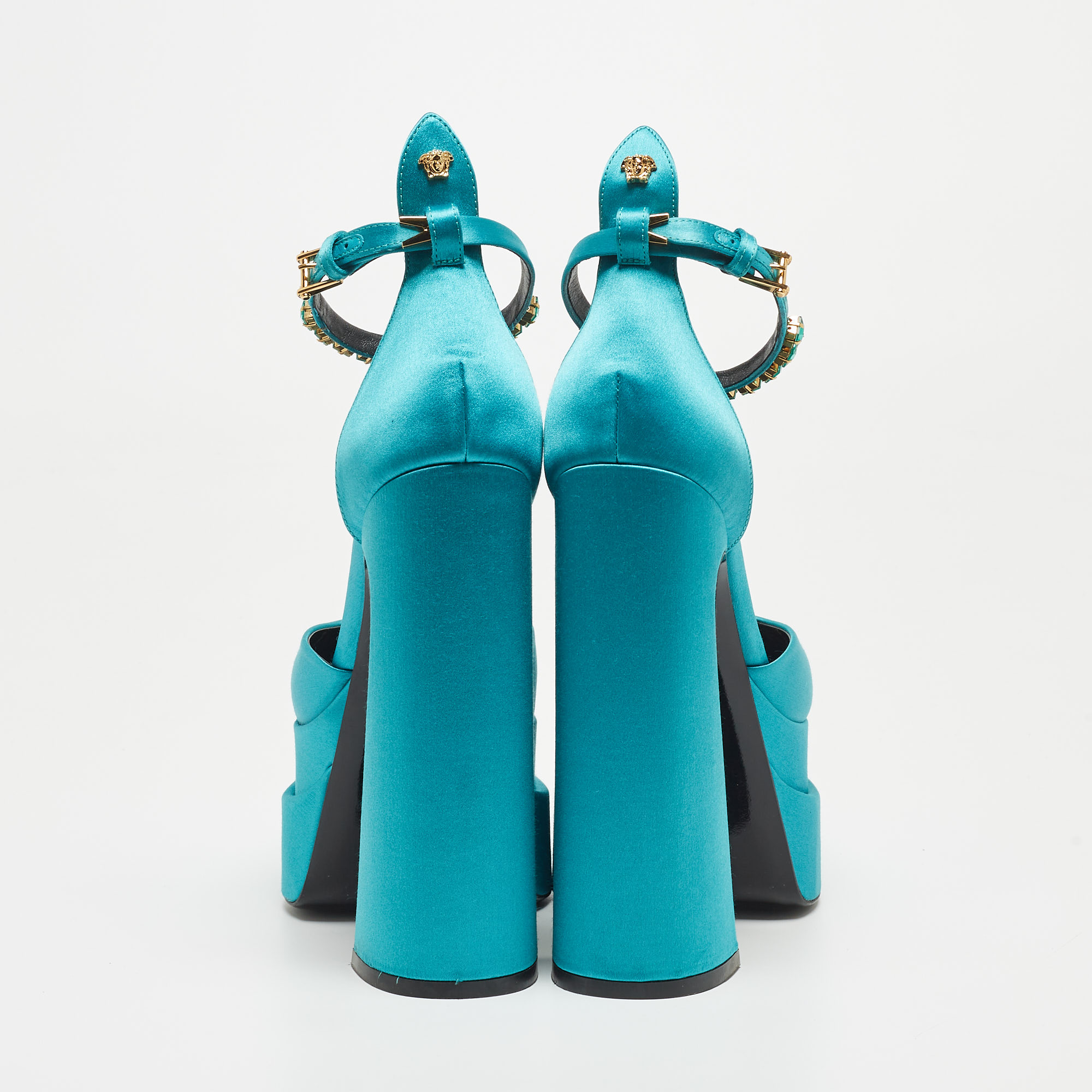 Versace Blue Turquoise Satin Aevitas Crystal Embellished Ankle Strap Platform Block Heel Pumps Size 38.5
