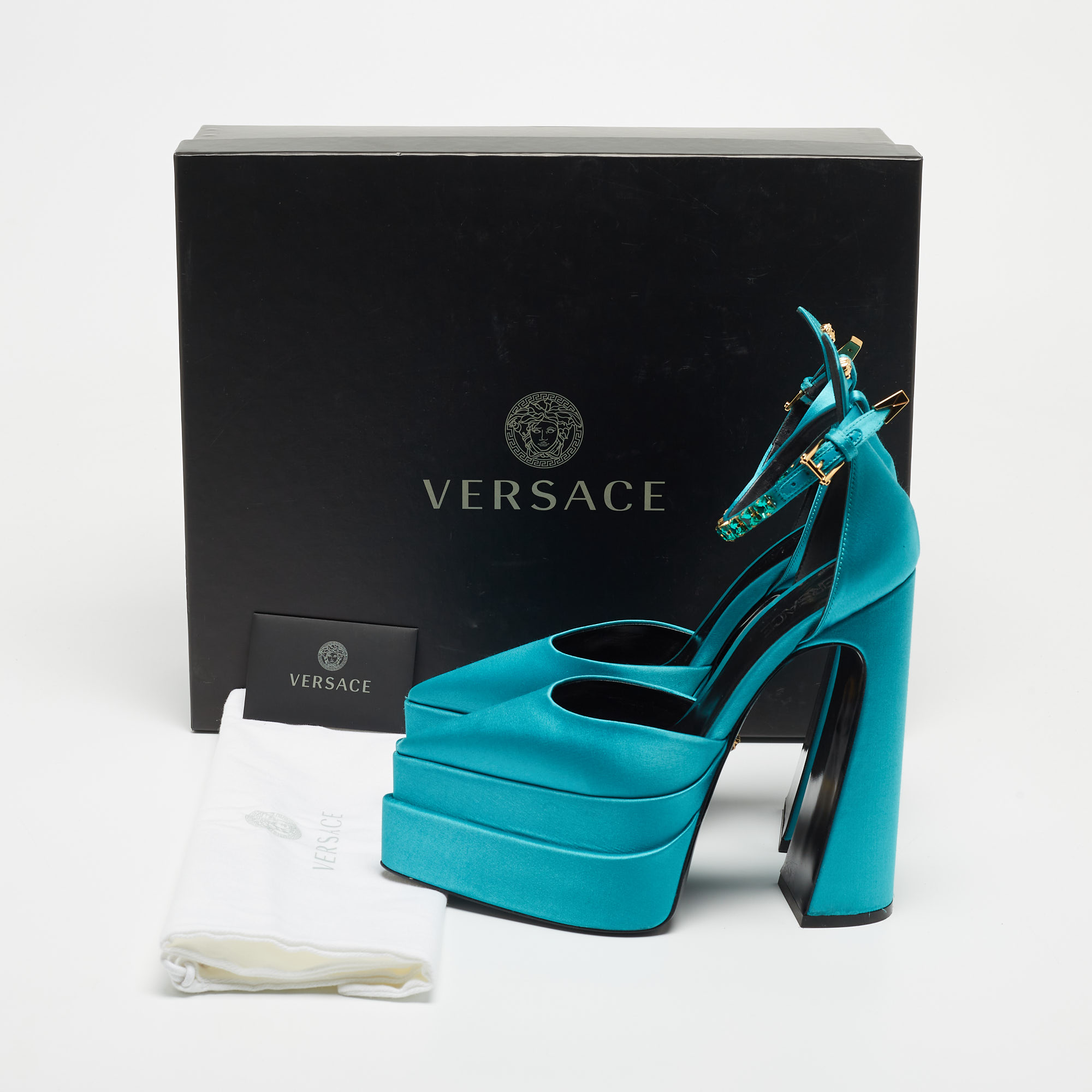 Versace Blue Turquoise Satin Aevitas Crystal Embellished Ankle Strap Platform Block Heel Pumps Size 38.5