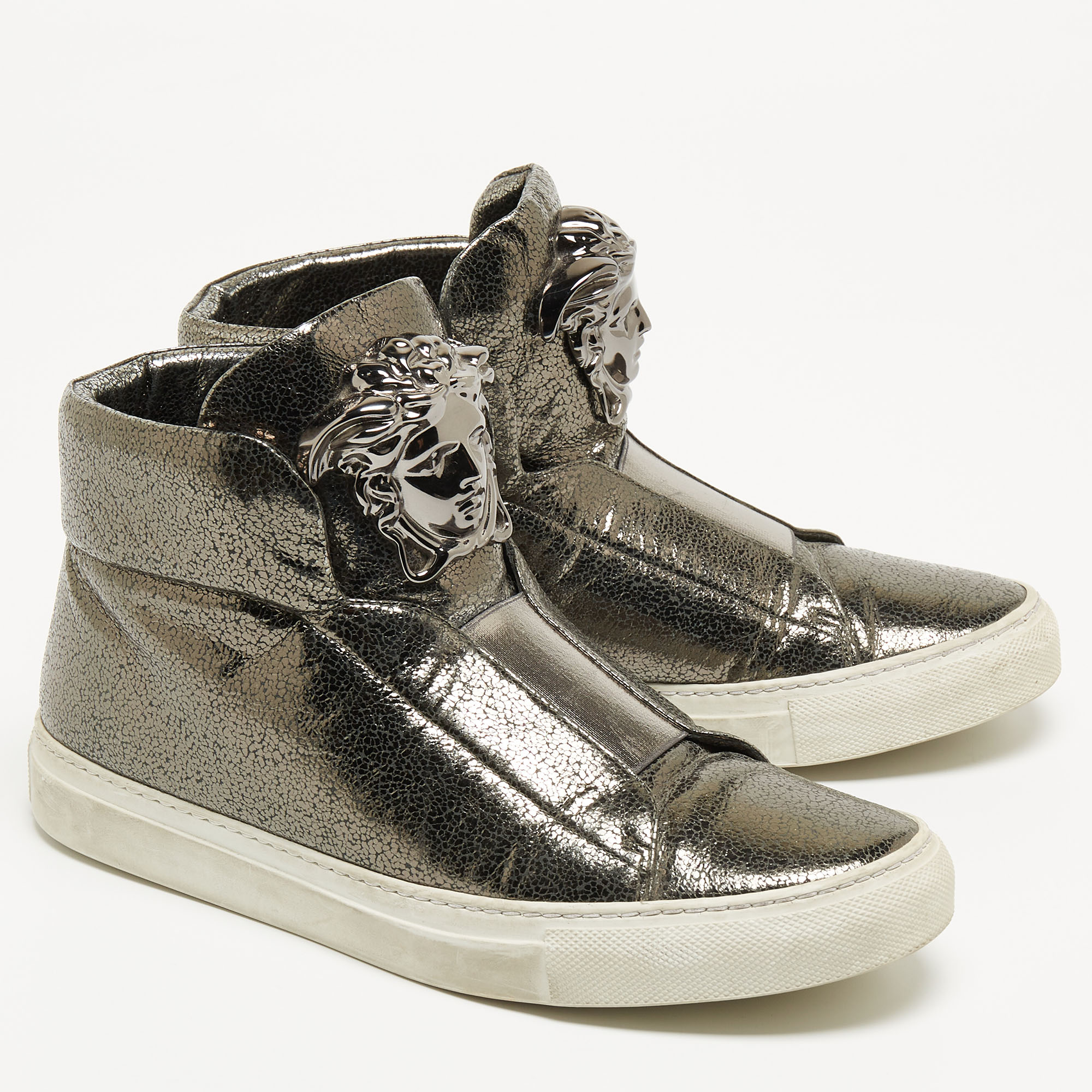 Versace Metallic Grey Leather Medusa High Top Sneakers Size 38