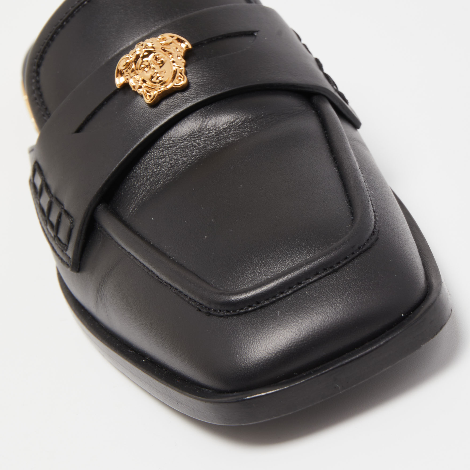 Versace Black Leather Medusa Squared-Toe Loafer Mules Size 35