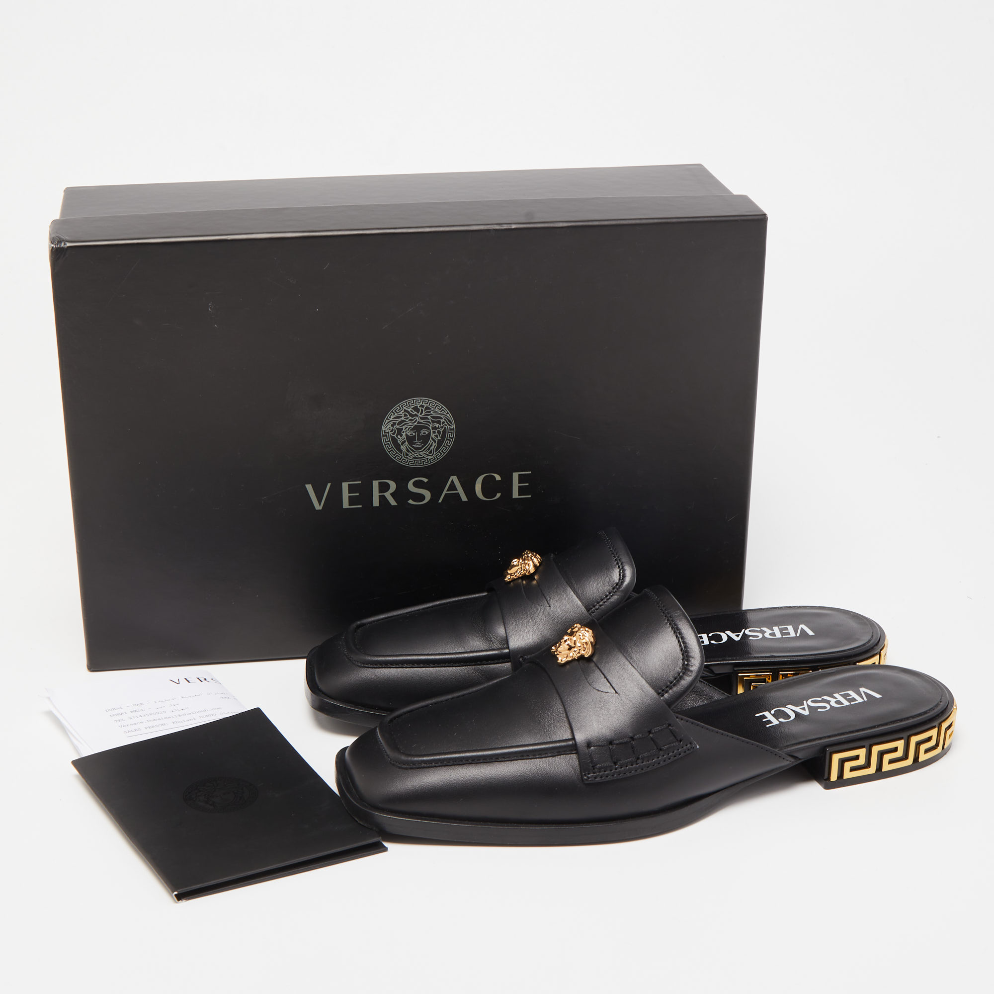 Versace Black Leather Medusa Squared-Toe Loafer Mules Size 35