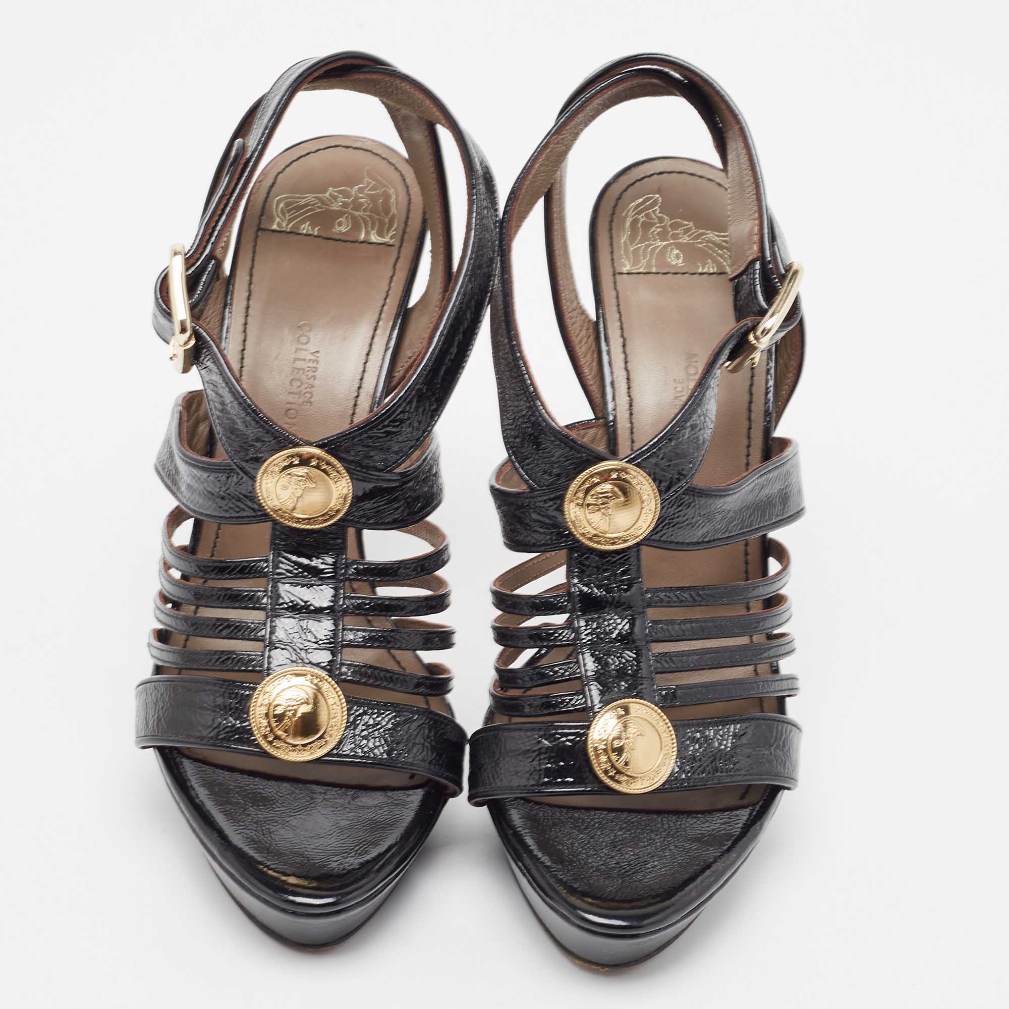 Versace Black Patent Leather Medusa Ankle Strap Sandals Size 39
