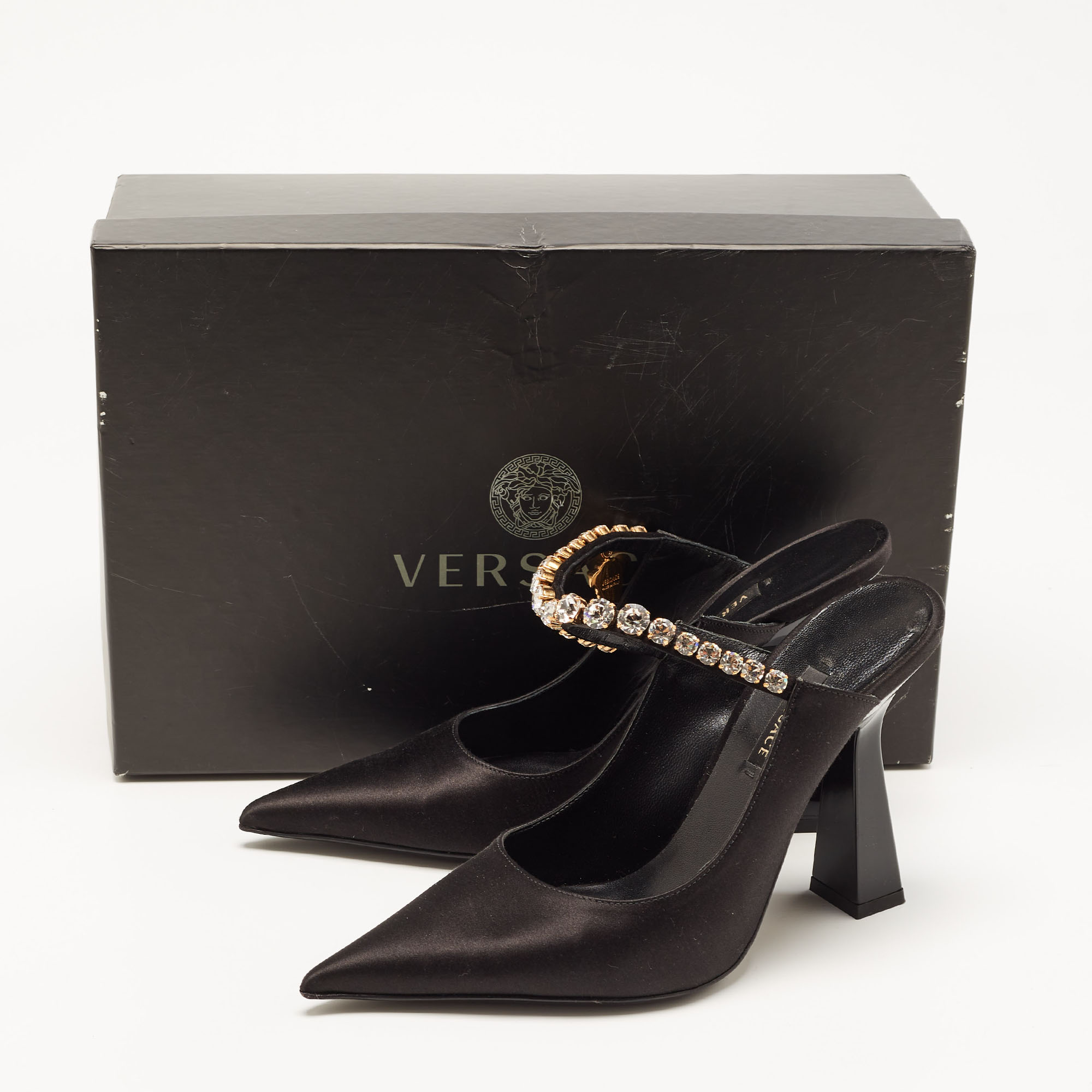 Versace Black Satin Crystal Embellished Pointed Toe Mules Size 36