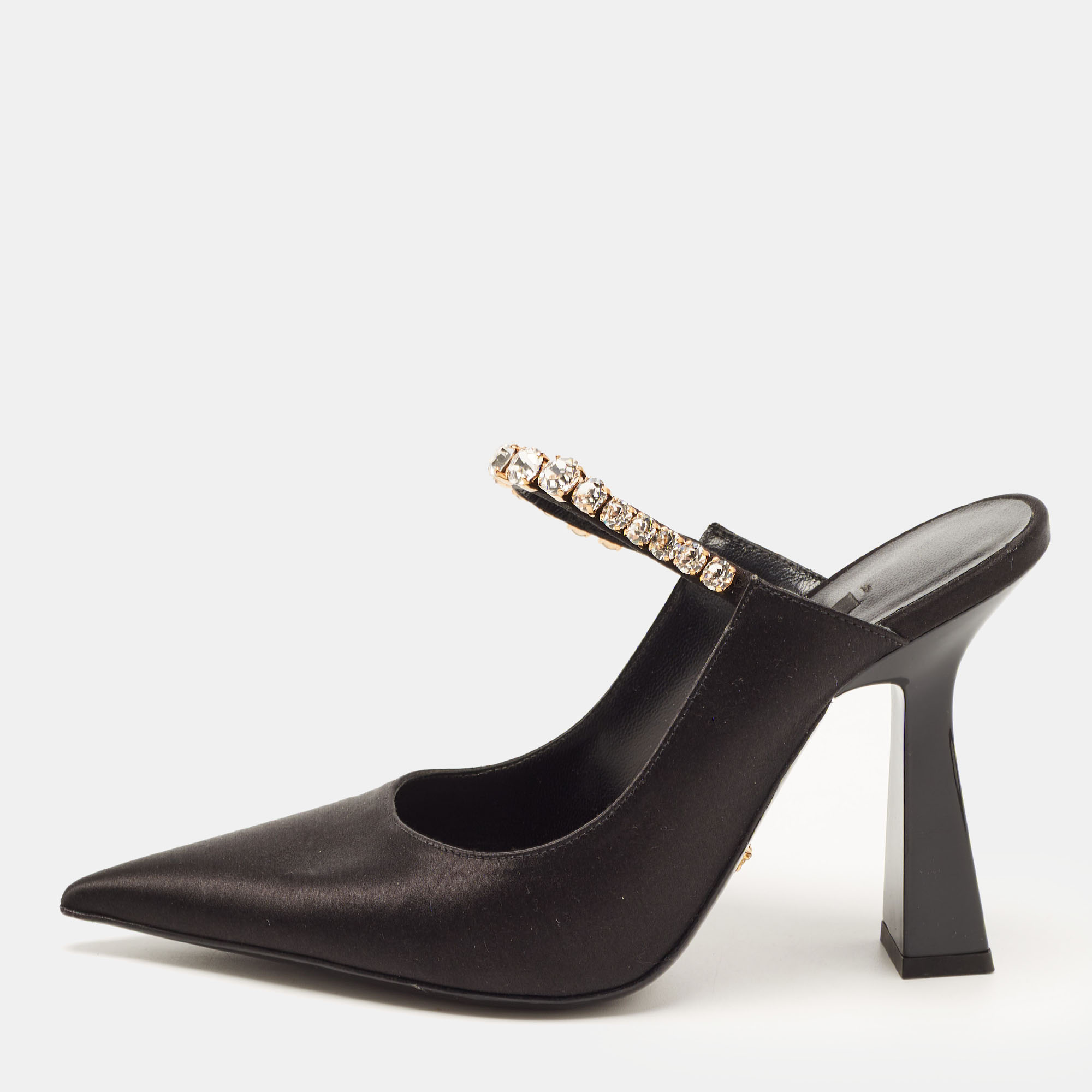 Versace black satin crystal embellished pointed toe mules size 36