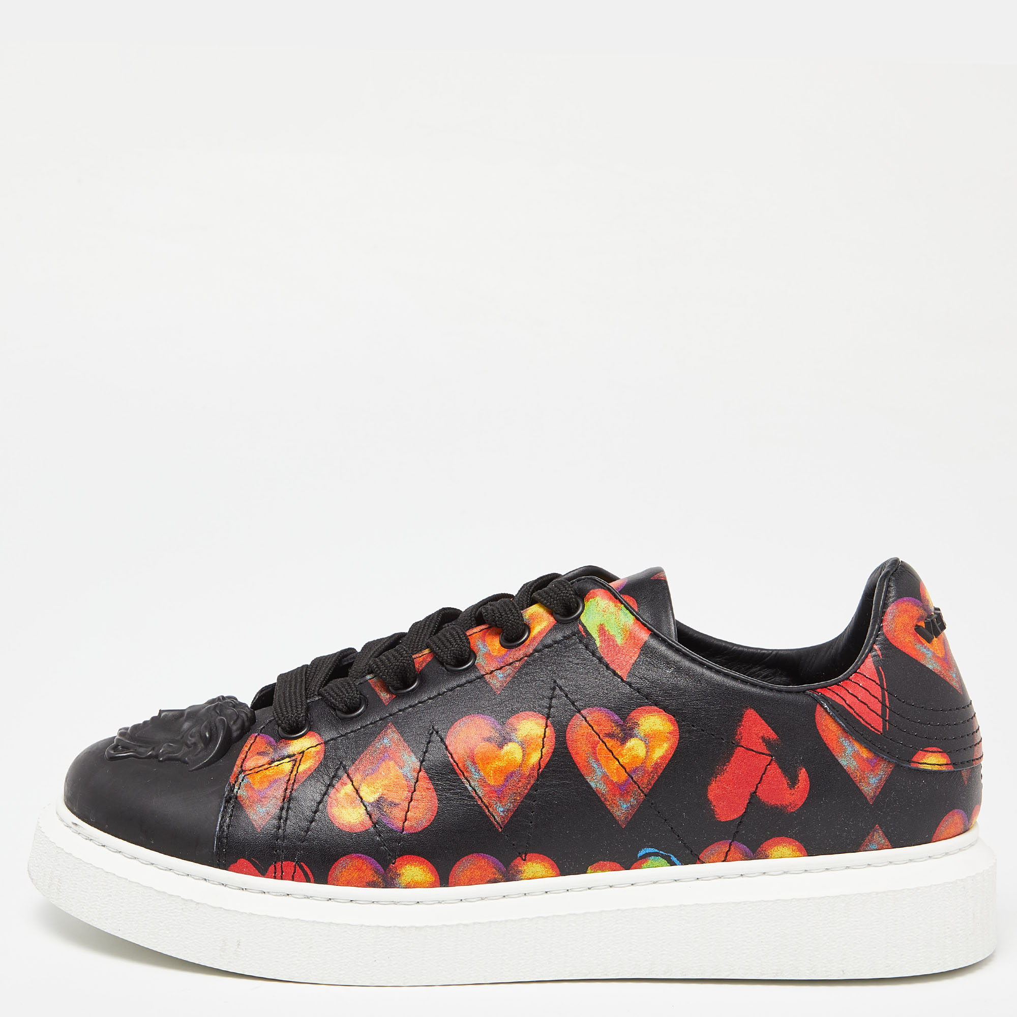 Versace Black Heart Printed Leather Medusa Sneakers Size 39