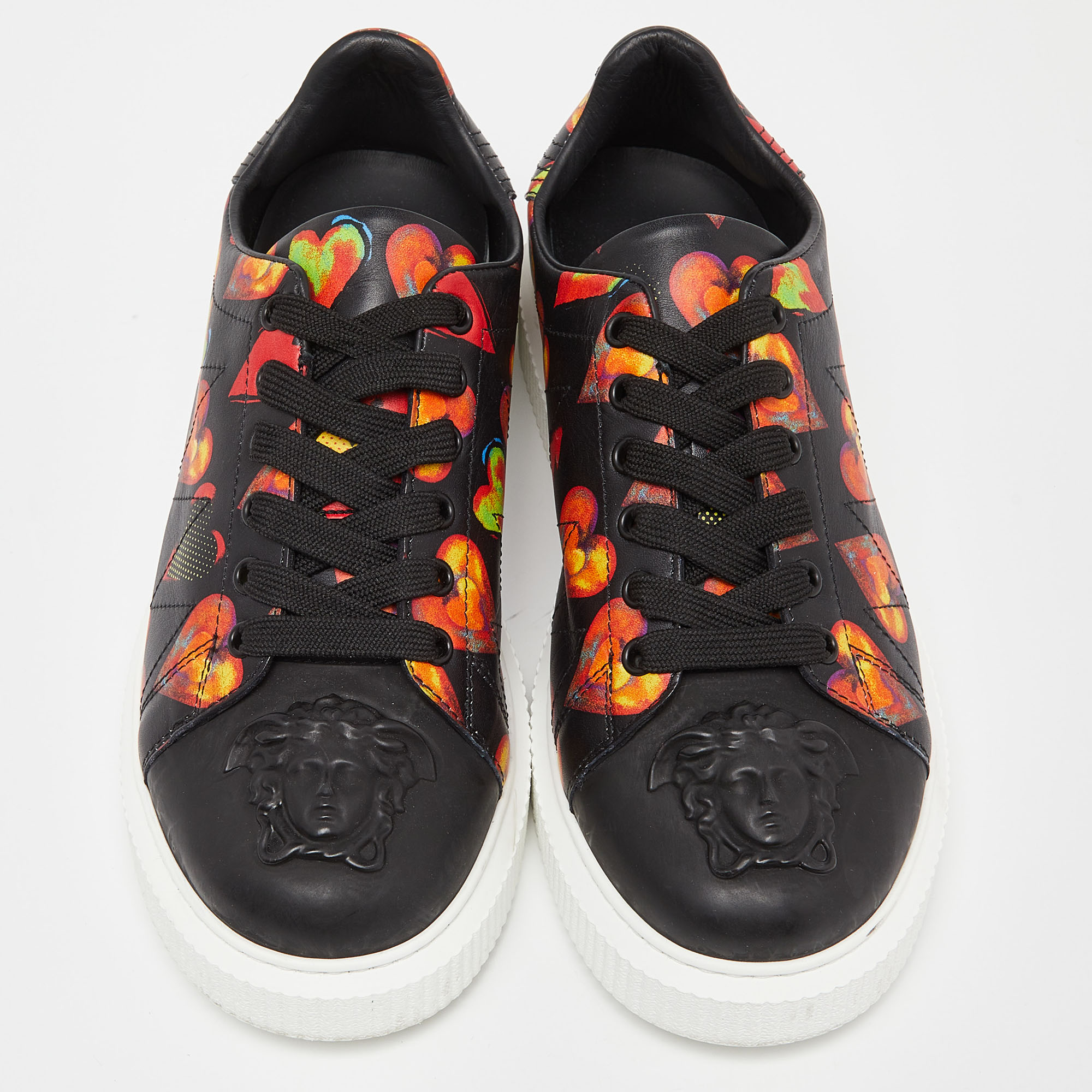 Versace Black Heart Printed Leather Medusa Sneakers Size 39