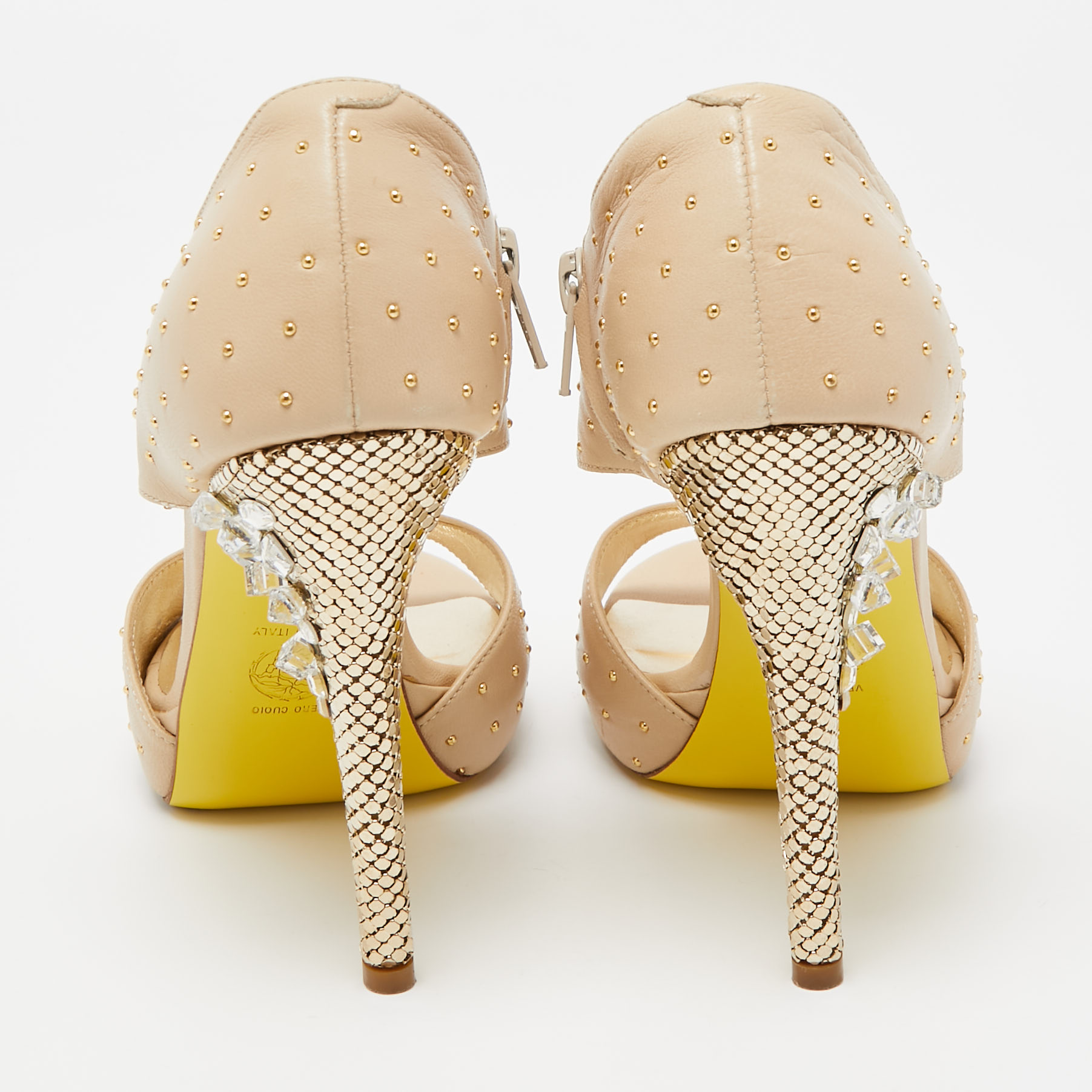 Versace Beige Studded Leather Crystal Embellished Heel Platform Sandals Size 37
