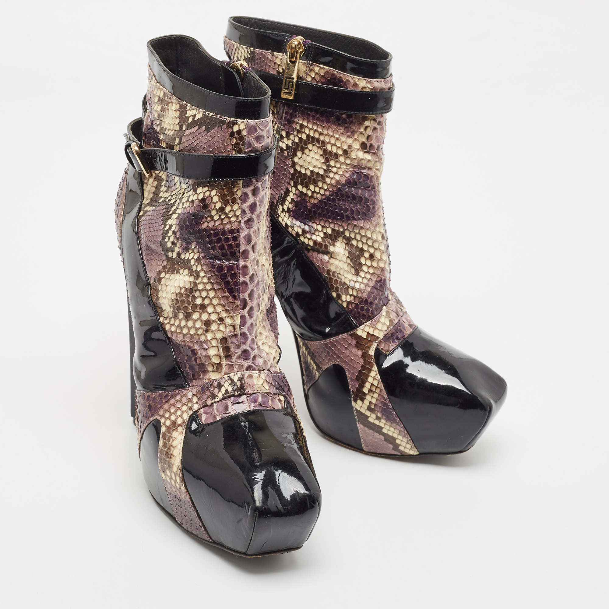 Versace Multicolor Python And Patent Medusa Ankle Boots Size 39