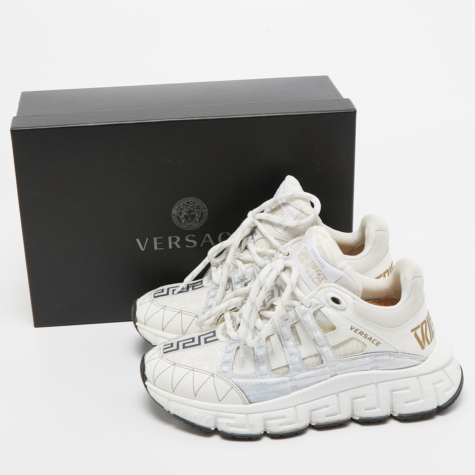 Versace White Leather And Coated Canvas Trigreca Sneakers Size 36