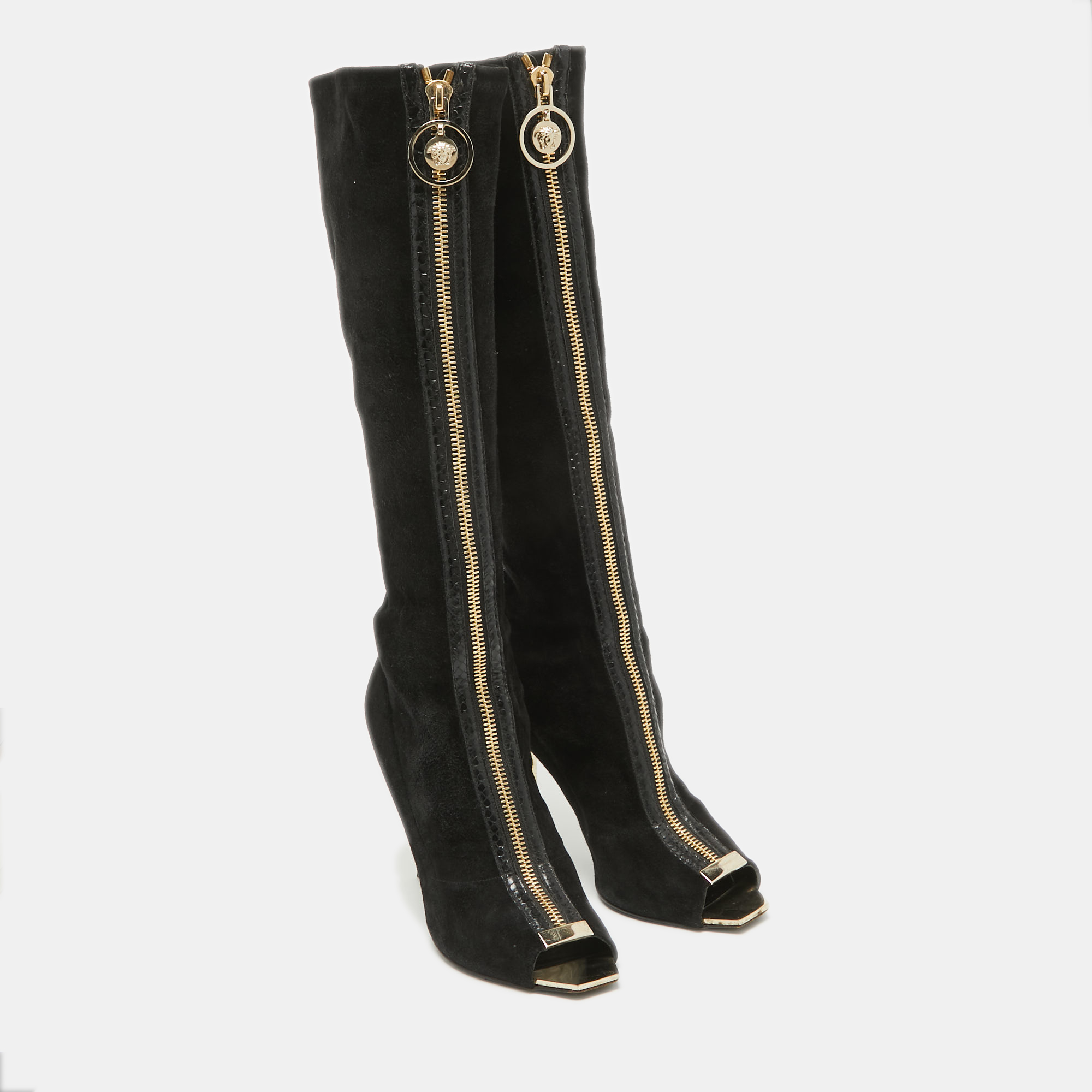 Versace Black Suede Open Toe Knee Length Boots Size 41