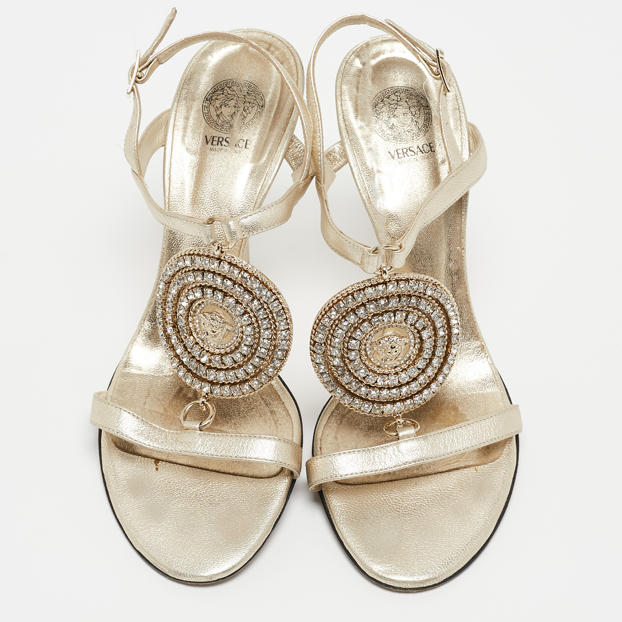 Versace Light Gold Leather Crystal Embellished Ankle Strap Sandals Size 38.5