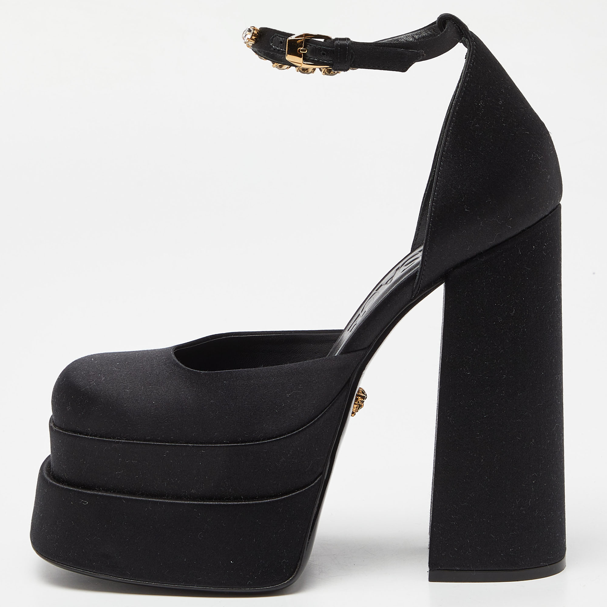 

Versace Black Satin La Medusa Crystal Embellished Ankle Strap Block Heel Pumps Size