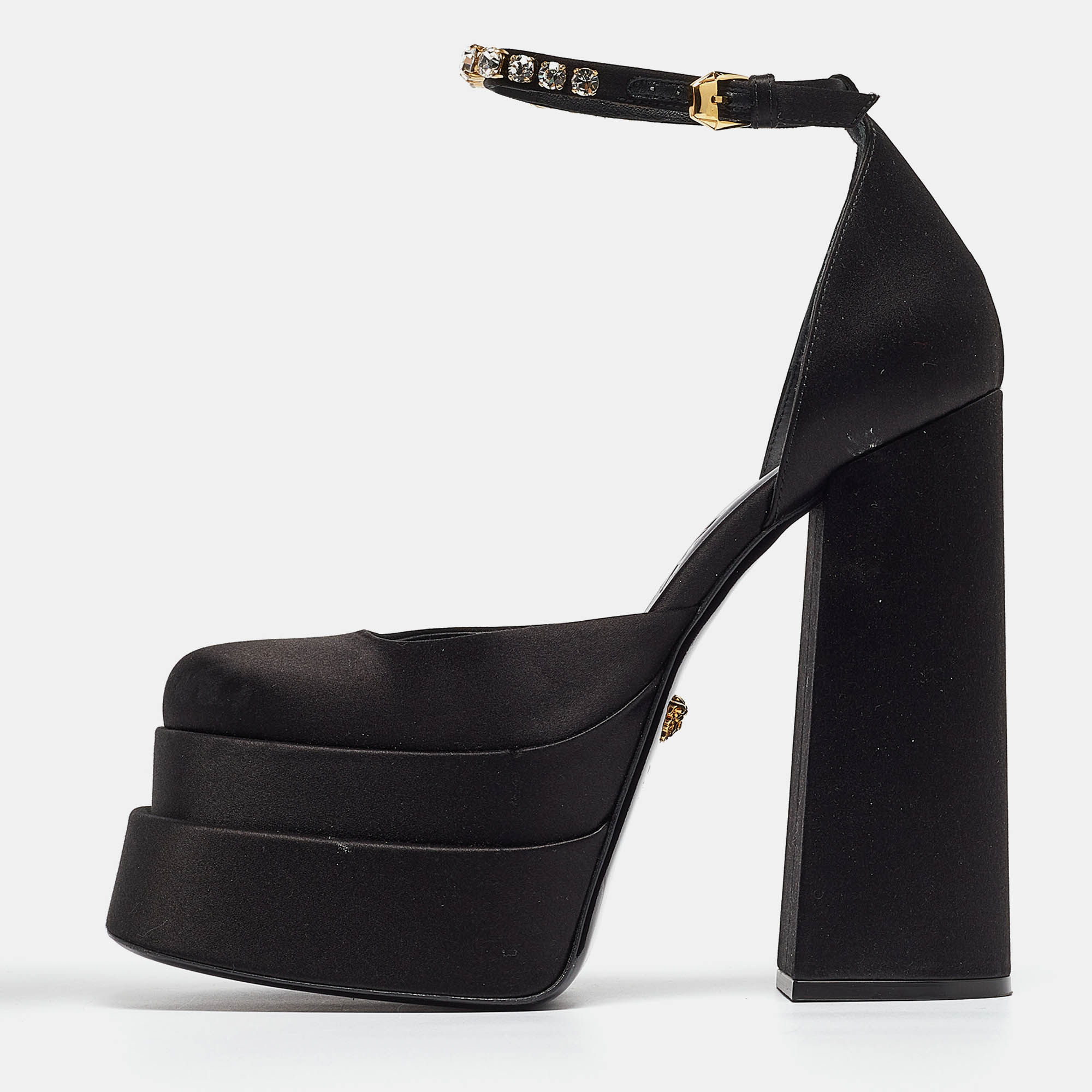 Versace black satin crystal embellished ankle strap pumps size 38.5