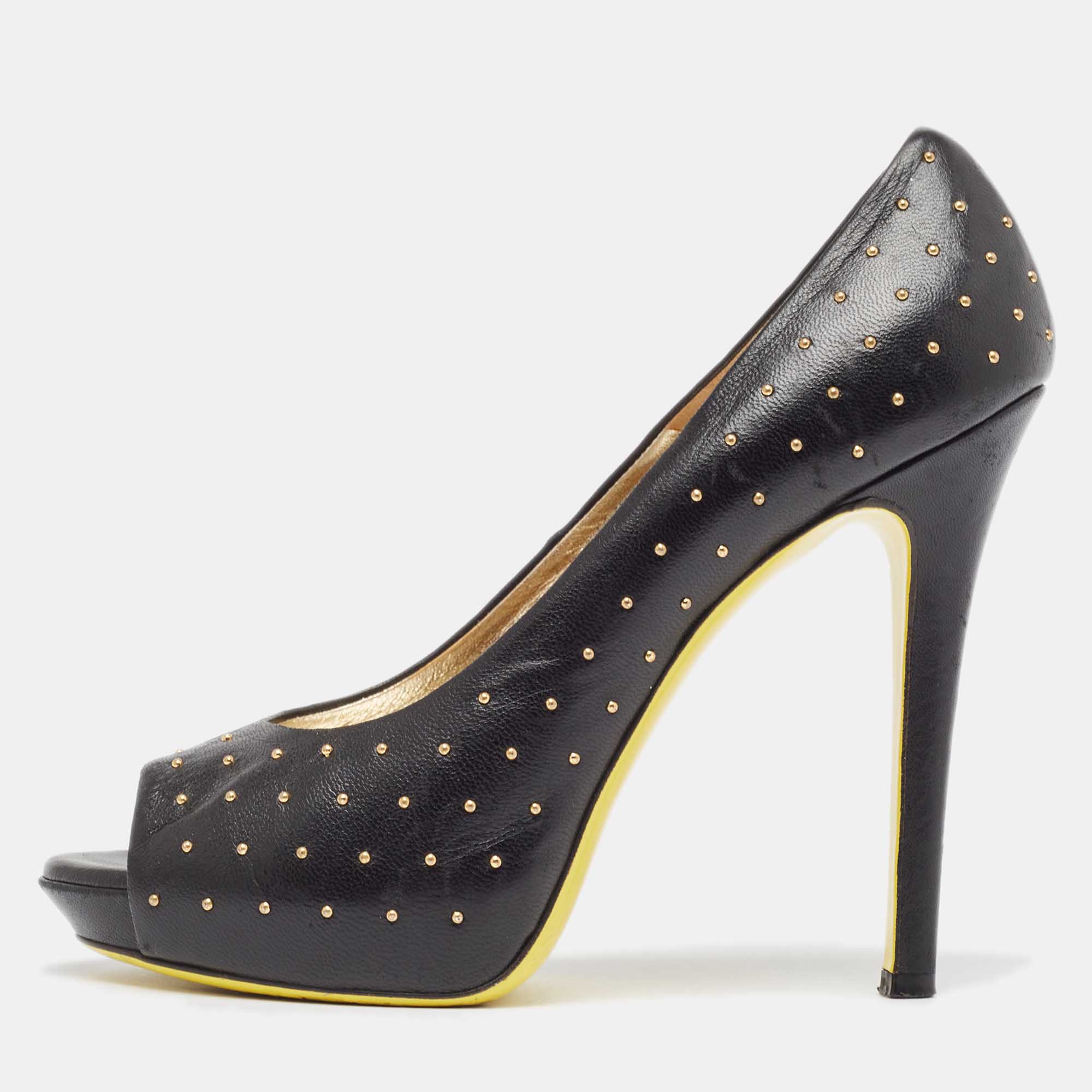 Versace black studded leather open toe pumps size 38