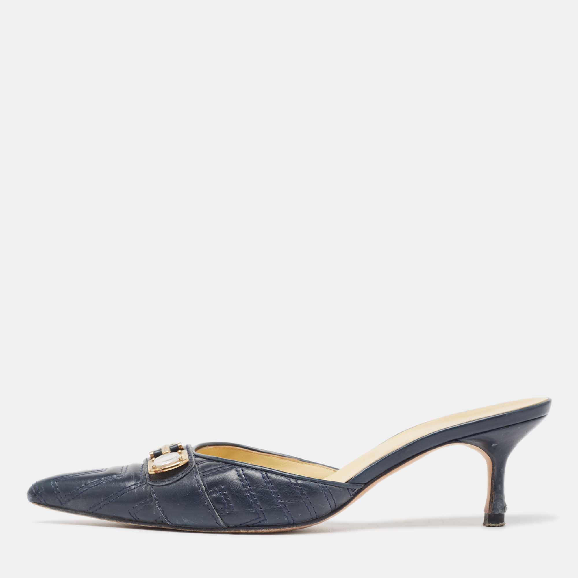 Versace navy blue quilted leather pointed toe mules size 37