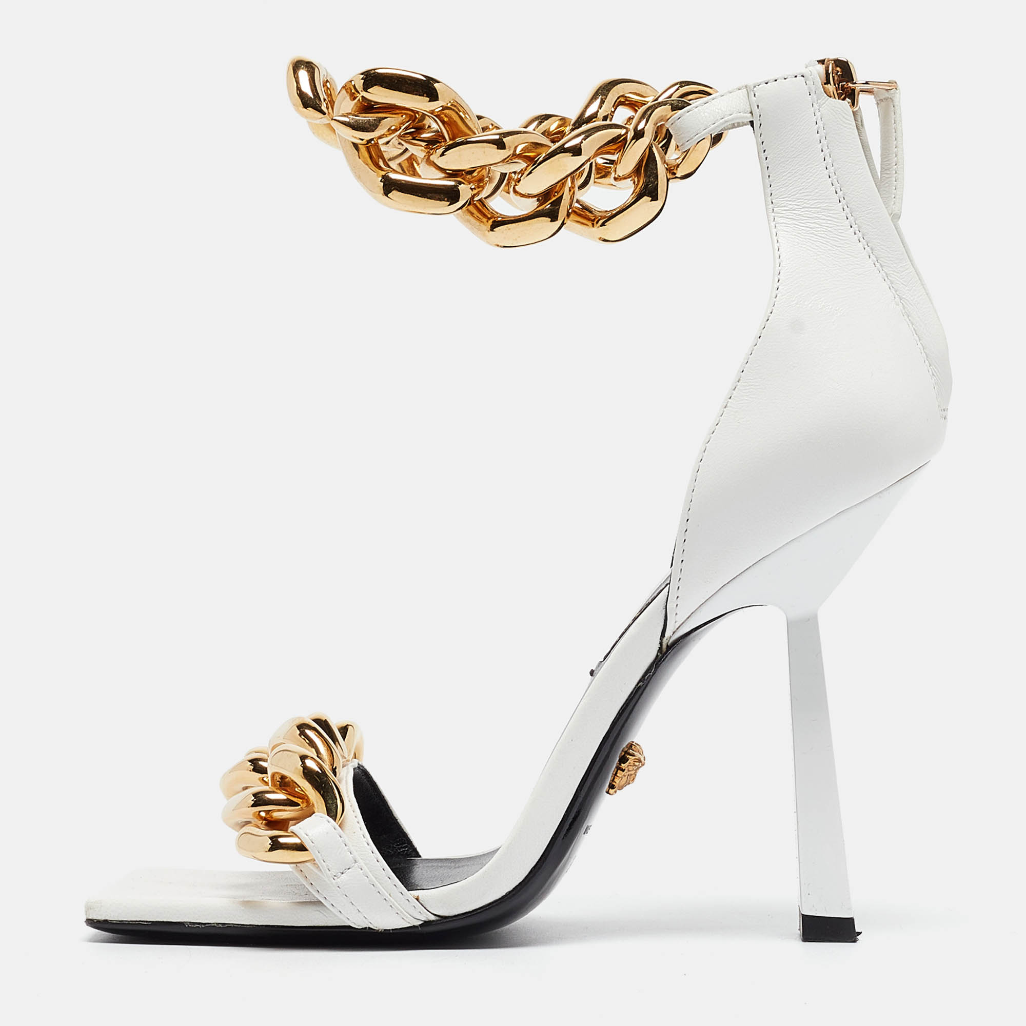 

Versace White Leather Medusa Chain Ankle Strap Sandals Size