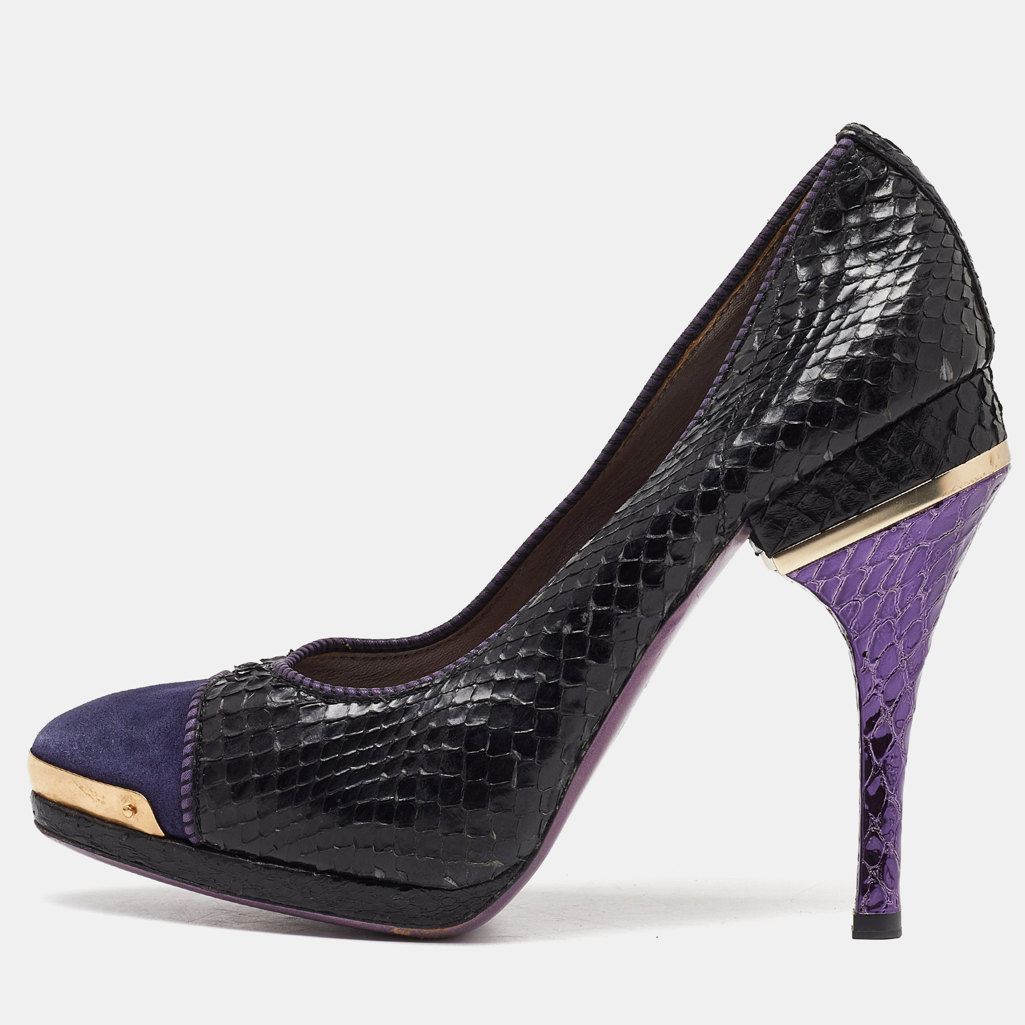 Versace black/purple python and suede pumps size 38